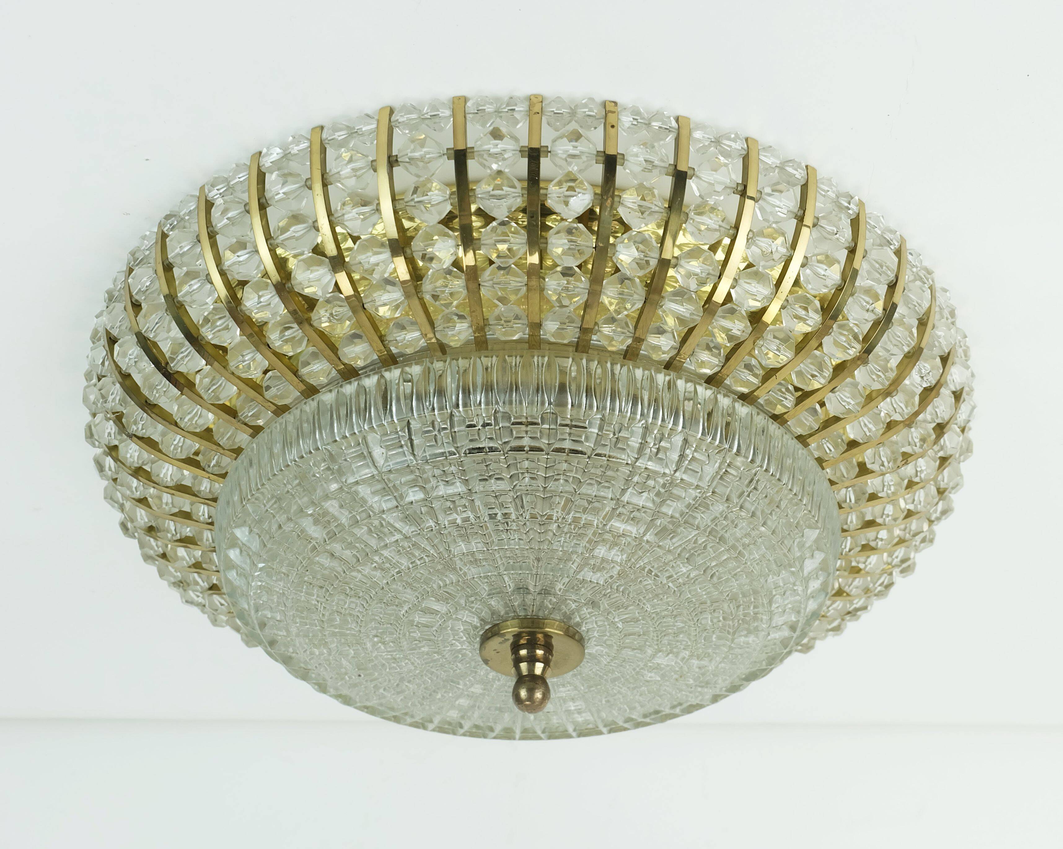 Glamorous 1960s mid century ceiling lamp ceiling fixture brass and glass
