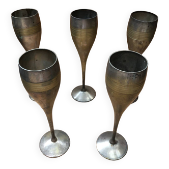 Series Of 5 Champagne Cups In Silver Metal France Vintage
