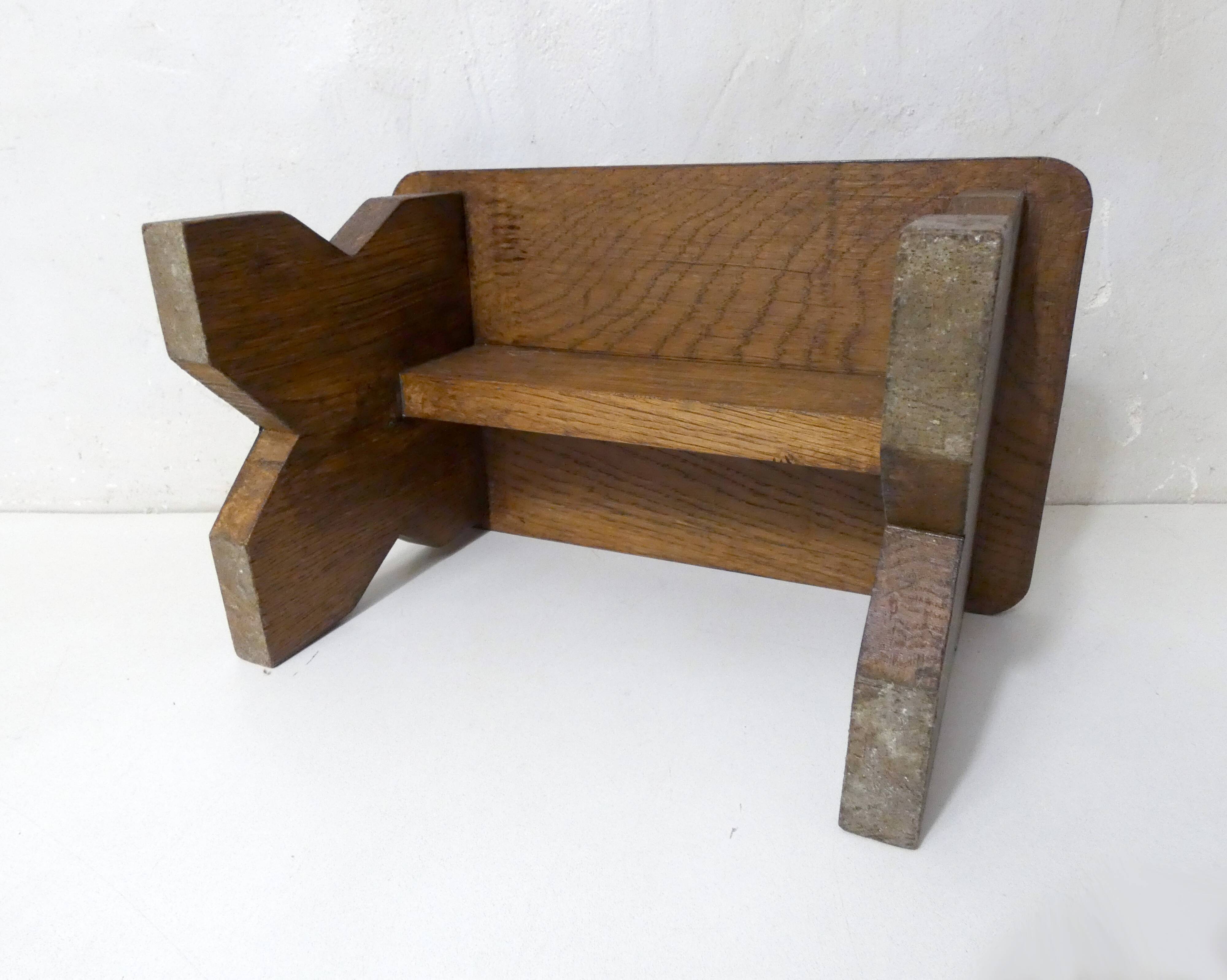 Old small bench in solid oak wood vintage step stool