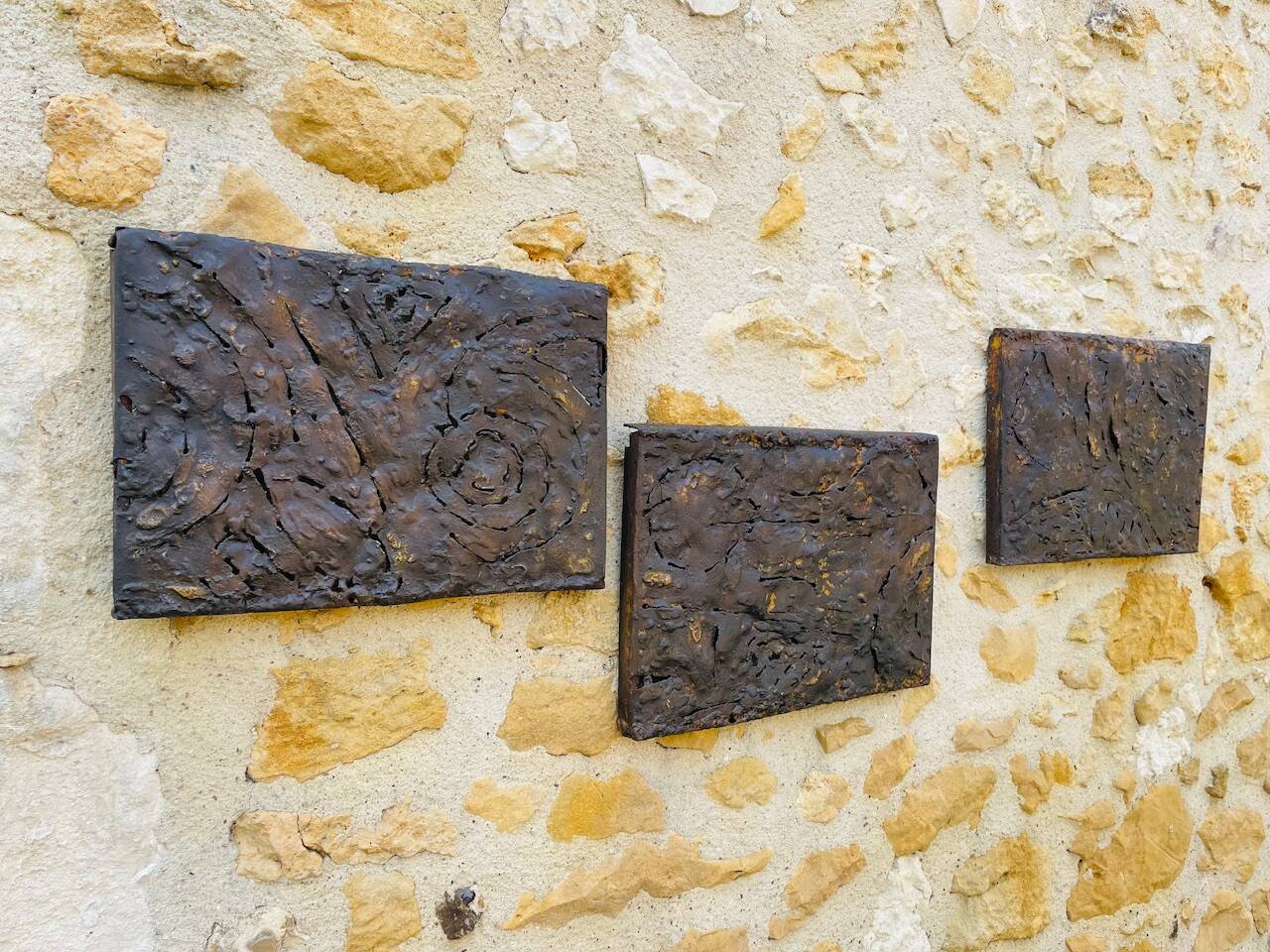 Set of three brutalist wall sculptures, by Irv Bramberg, vintage