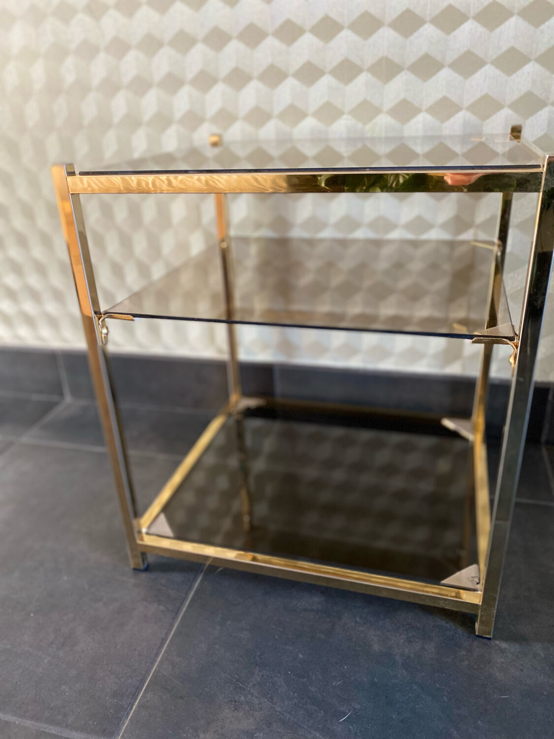 Console shelf smoked glass aluminum and brass