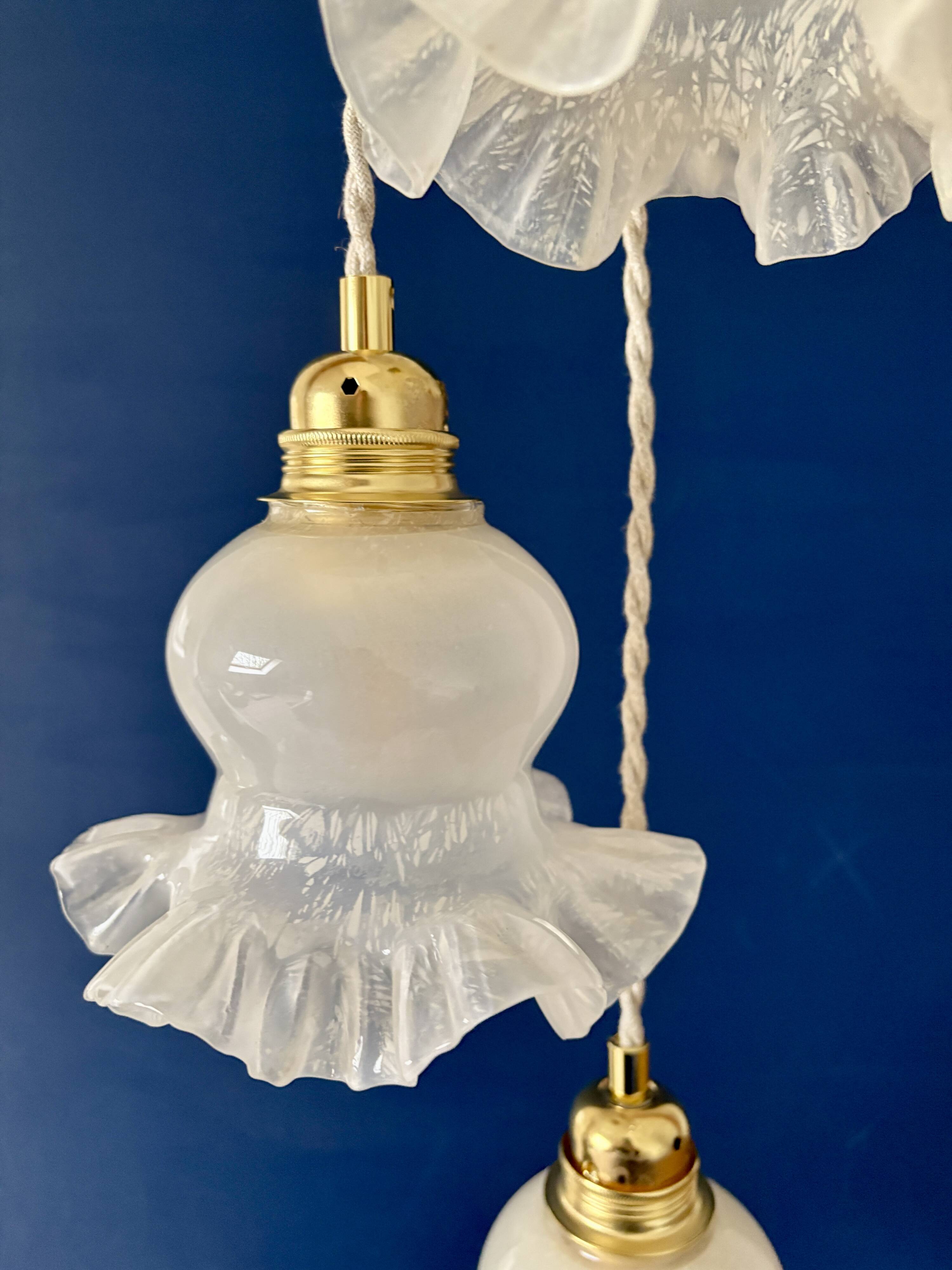 Vintage triple tulip pendant light in white glass