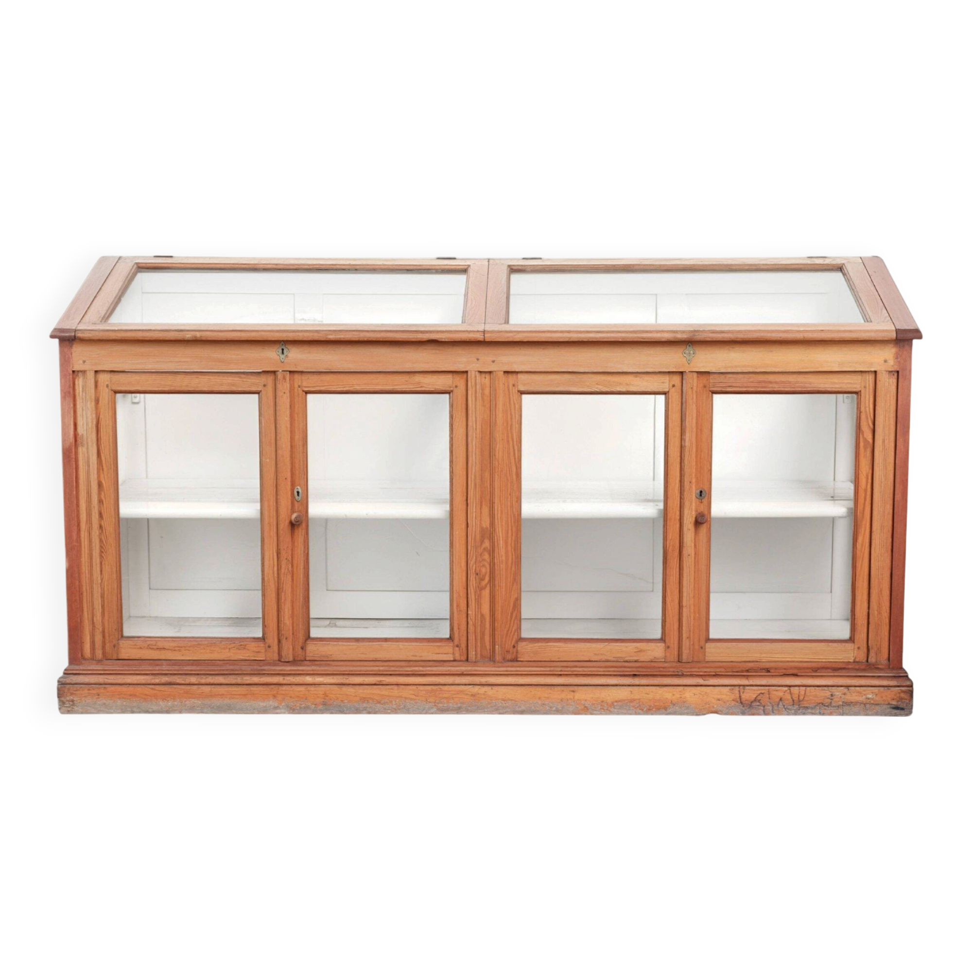 Vintage shop/museum display cabinet with shelves, doors and an opening top