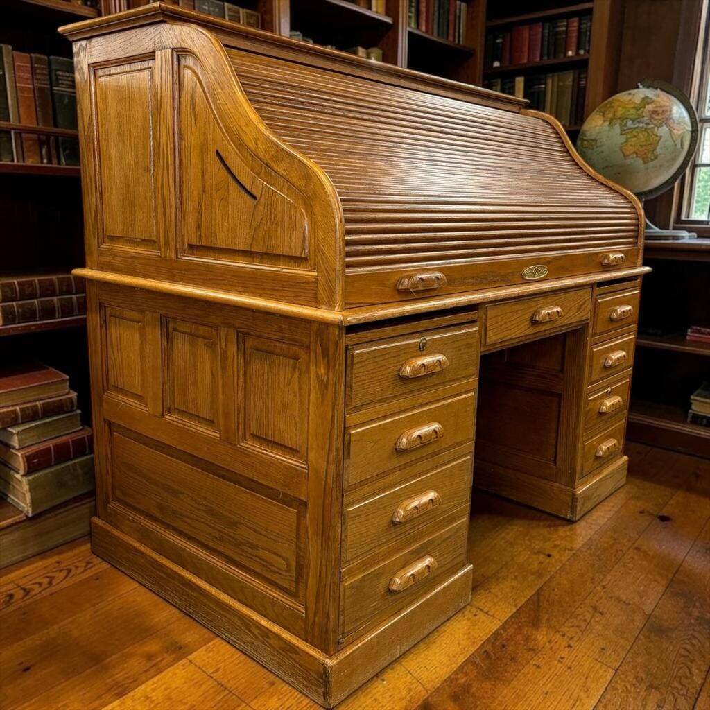 Bureau à rideau américain vintage en bois