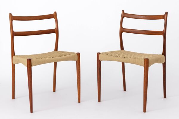 2 chaises Søren Ladefoged, teck, années 1960, siège en corde de papier, chaises de salle à manger, lot de 2