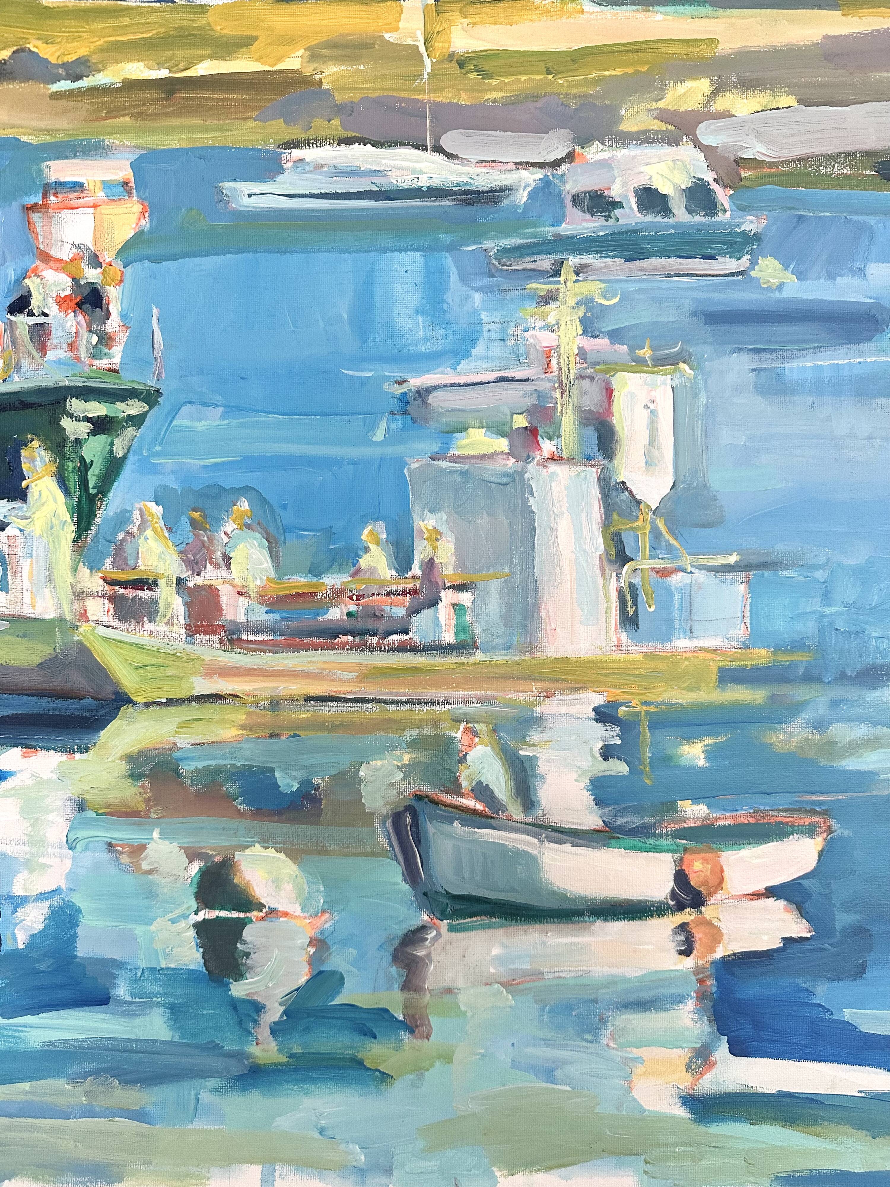 Oil on canvas signed, fishing port with colourful boats.
