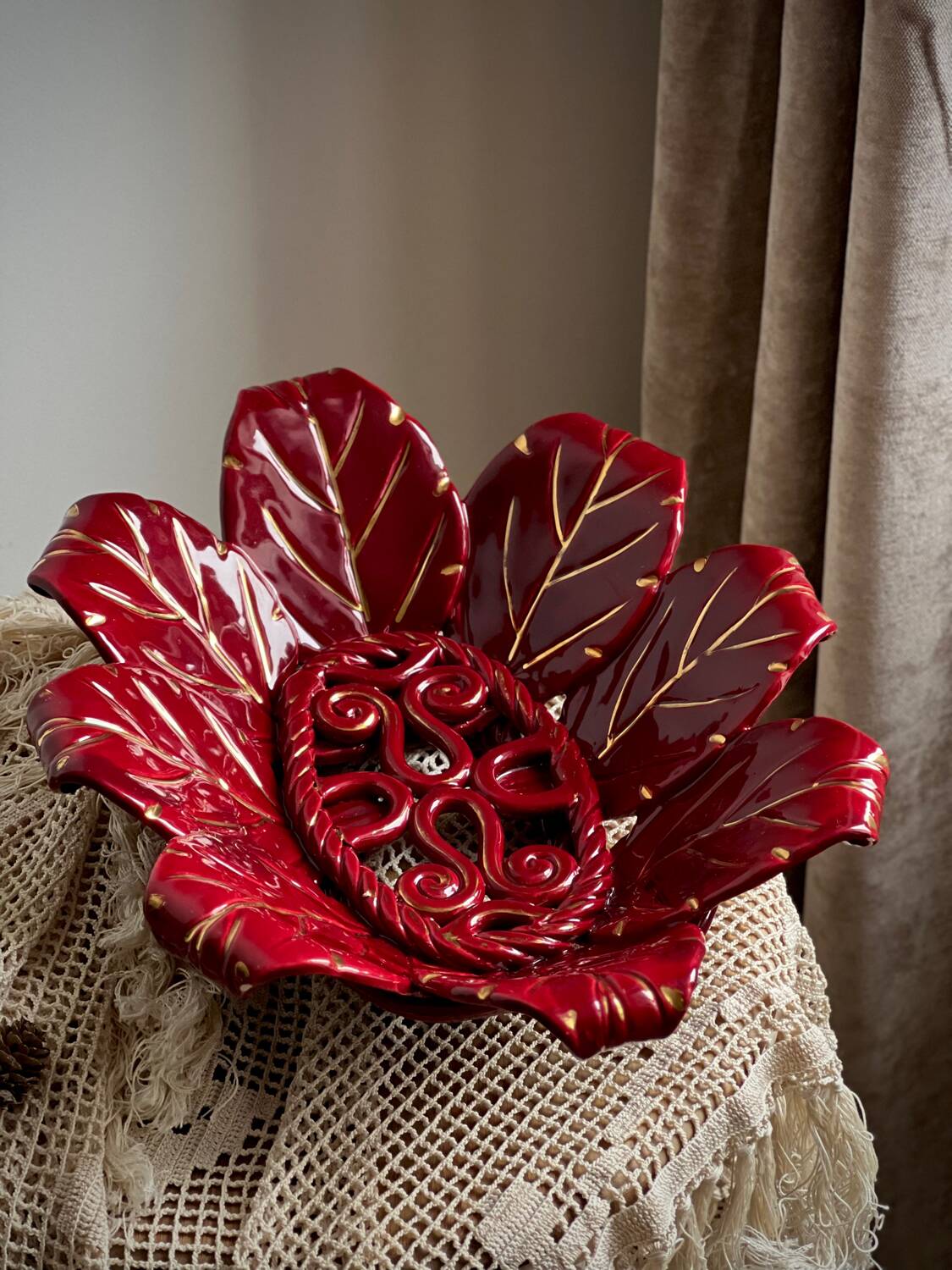 Woven ceramic basket with petals in oxblood slip / baroque style, eclectic