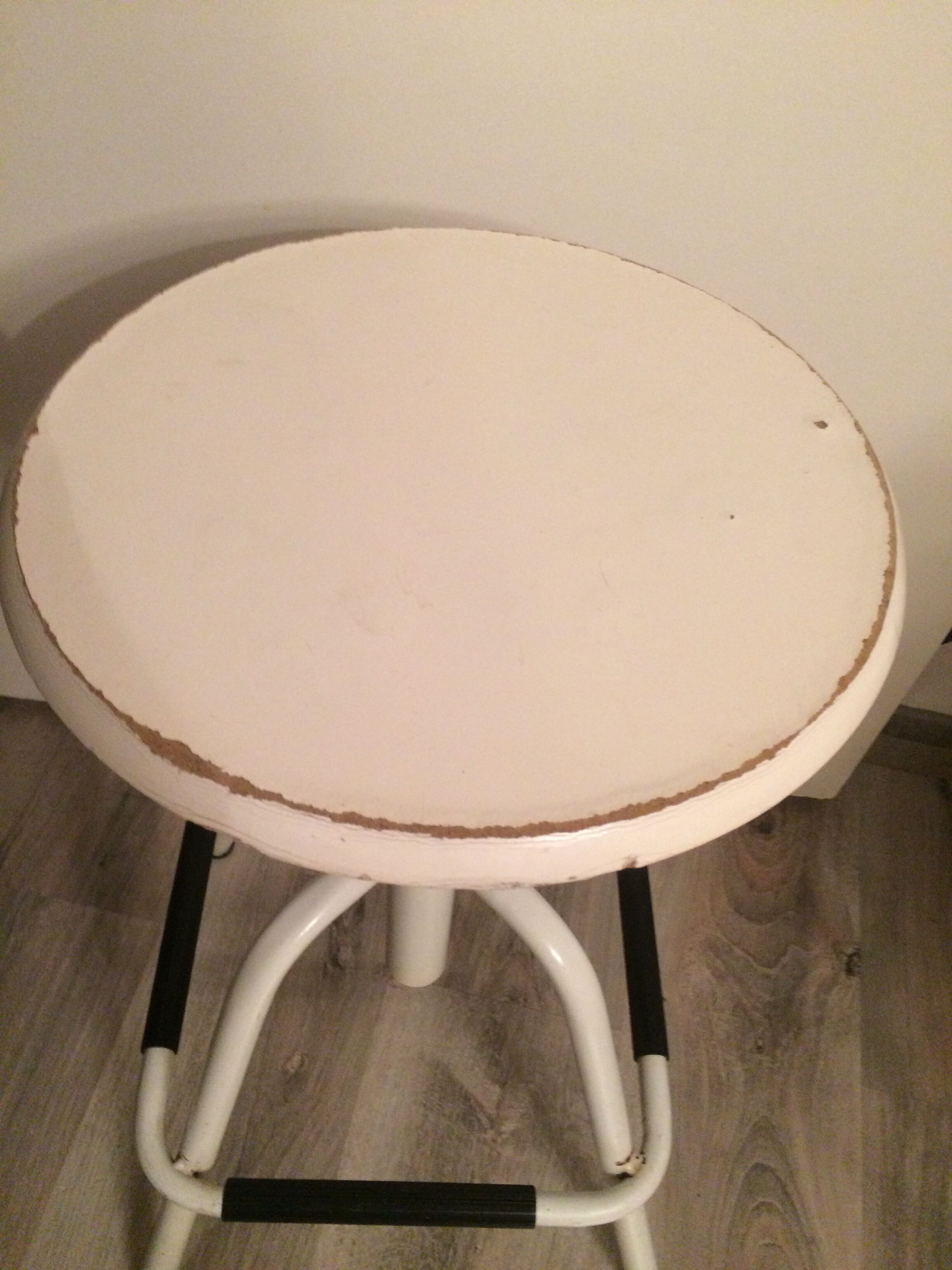 Vintage medical stool made of wood and white metal 1970