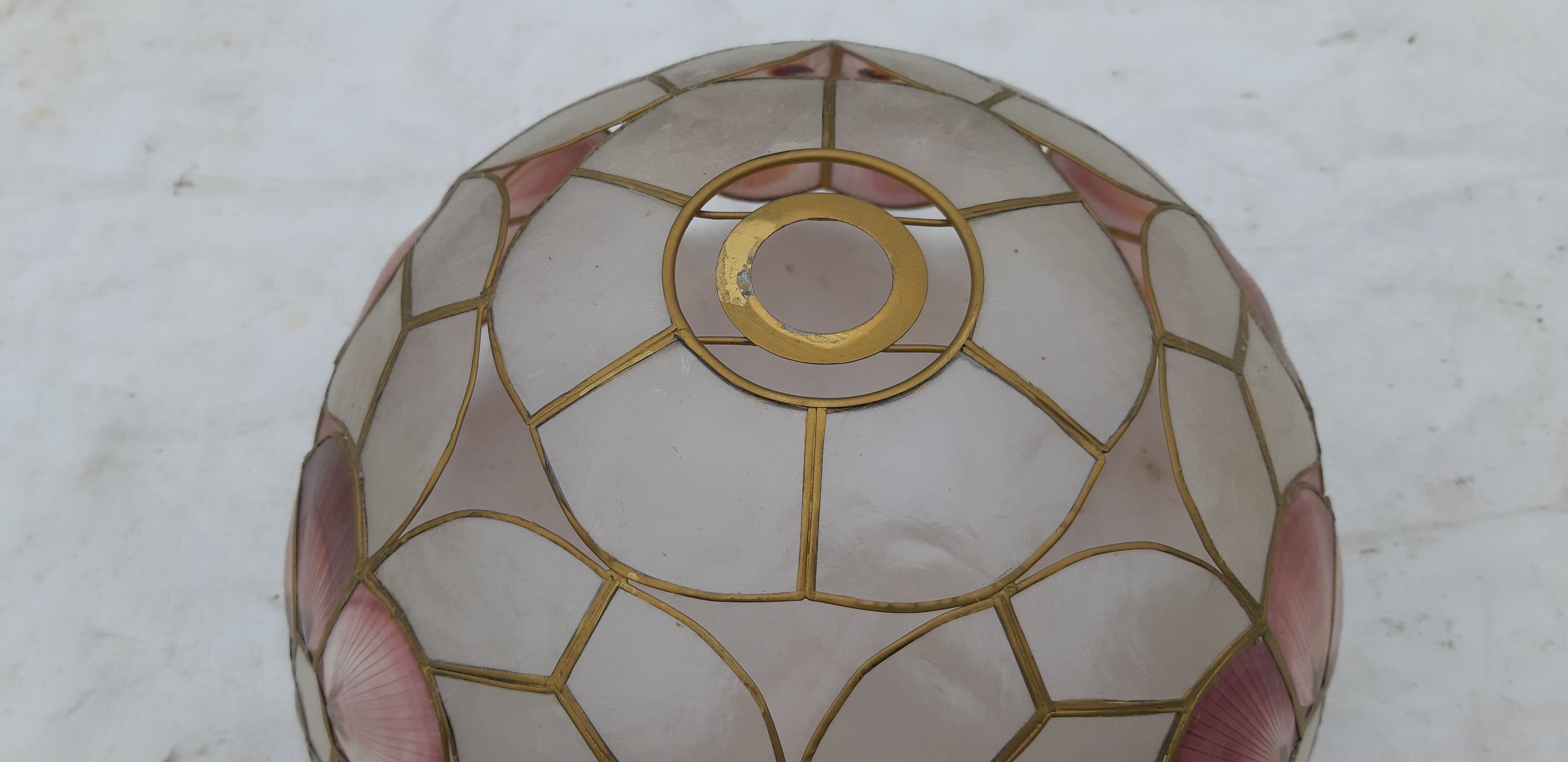 Pair of vintage pendant lamps in brass mother-of-pearl and shells