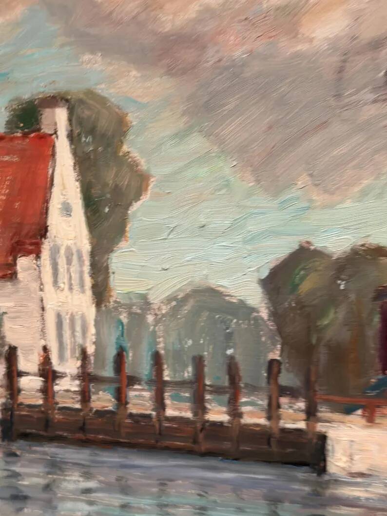 Original Swedish Oil on Panel - "Coastal Village" by Helge Andersson - Dated 1965 - Framed - 86 × 64 cm