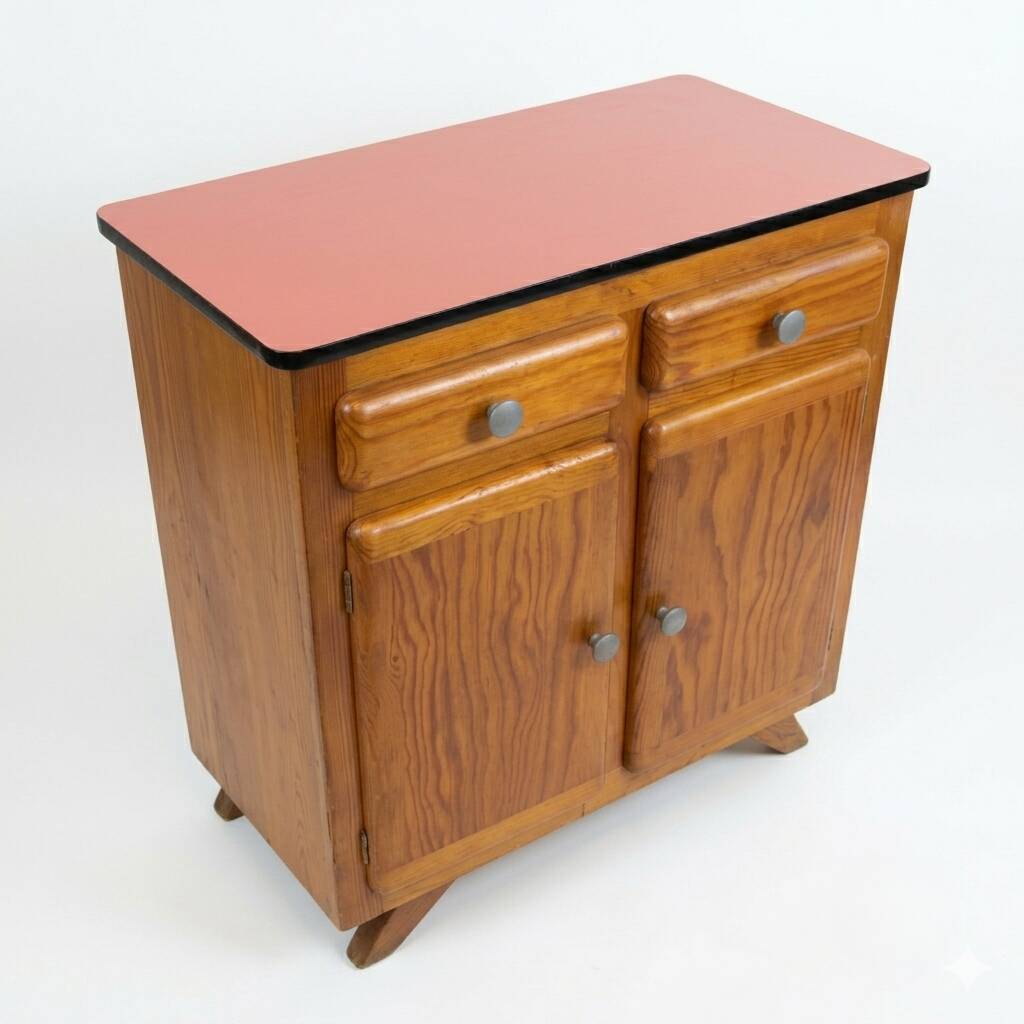 Vintage Mado commode in terracotta and light oak, 1960s.