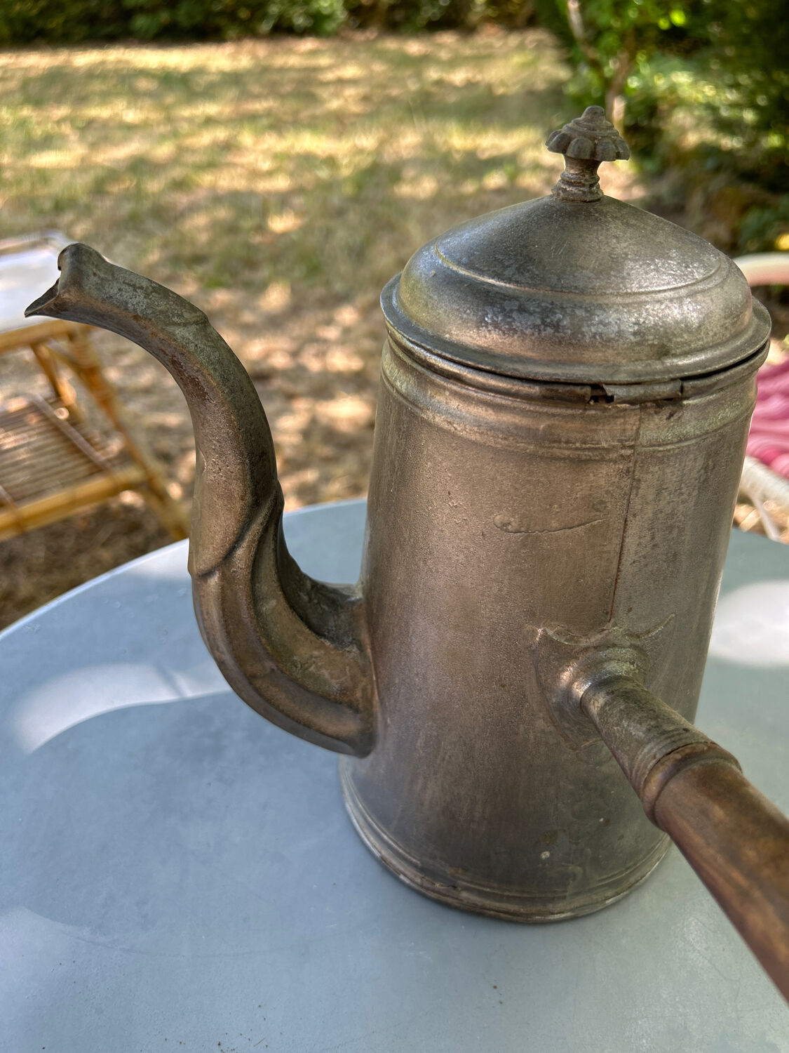 Tin coffee maker or kettle and wooden handle