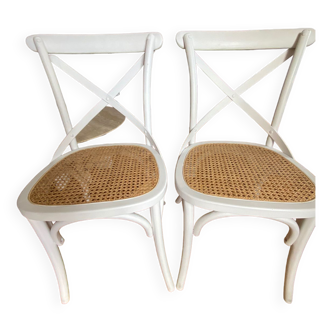 Set of 2 bistro chairs, white wood and canning