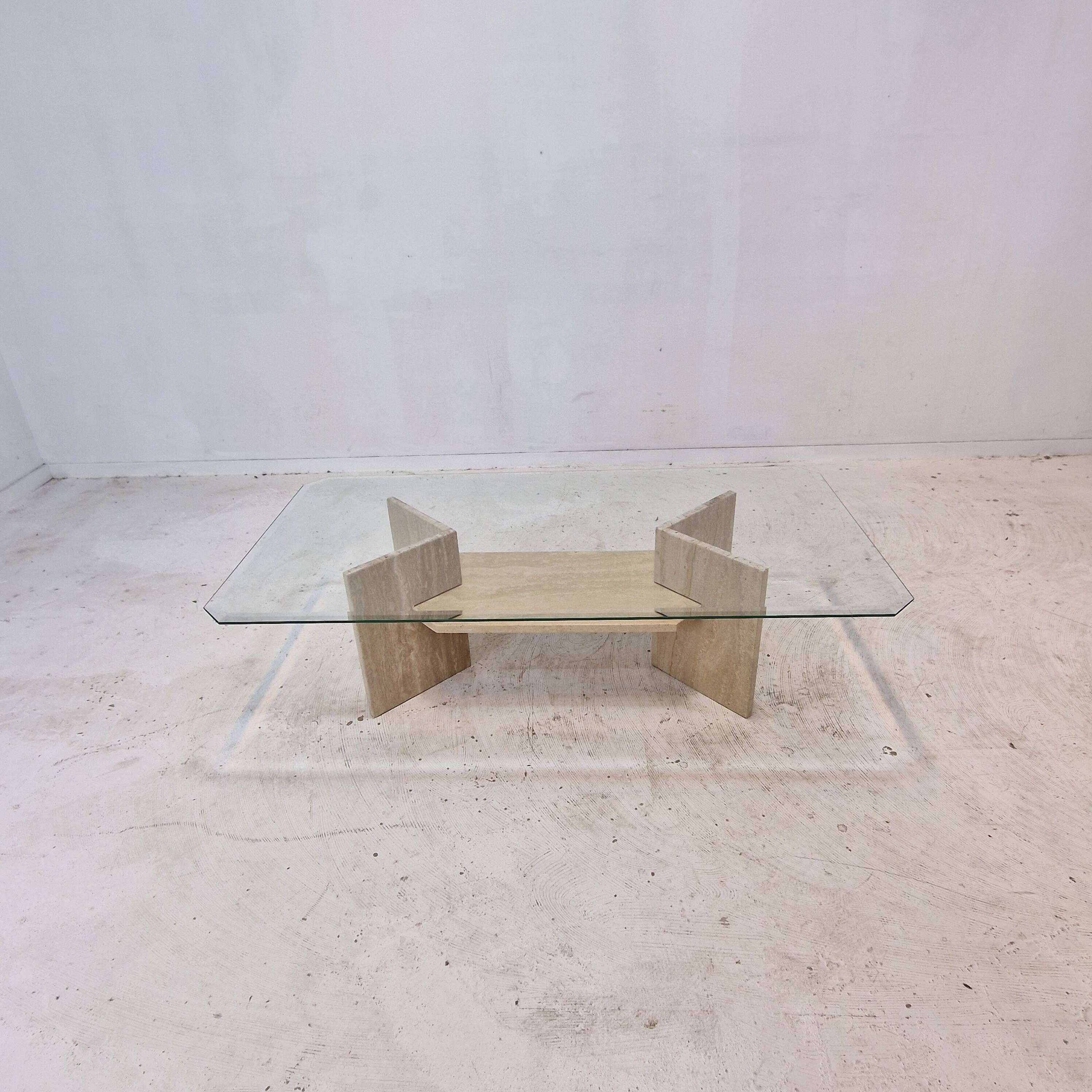 Italian Coffee Table in Travertine and Facet Cut Glass, 1980s