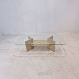 Italian Coffee Table in Travertine and Facet Cut Glass, 1980s