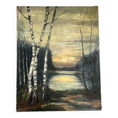 Tableau coucher de soleil huile sur toile signée