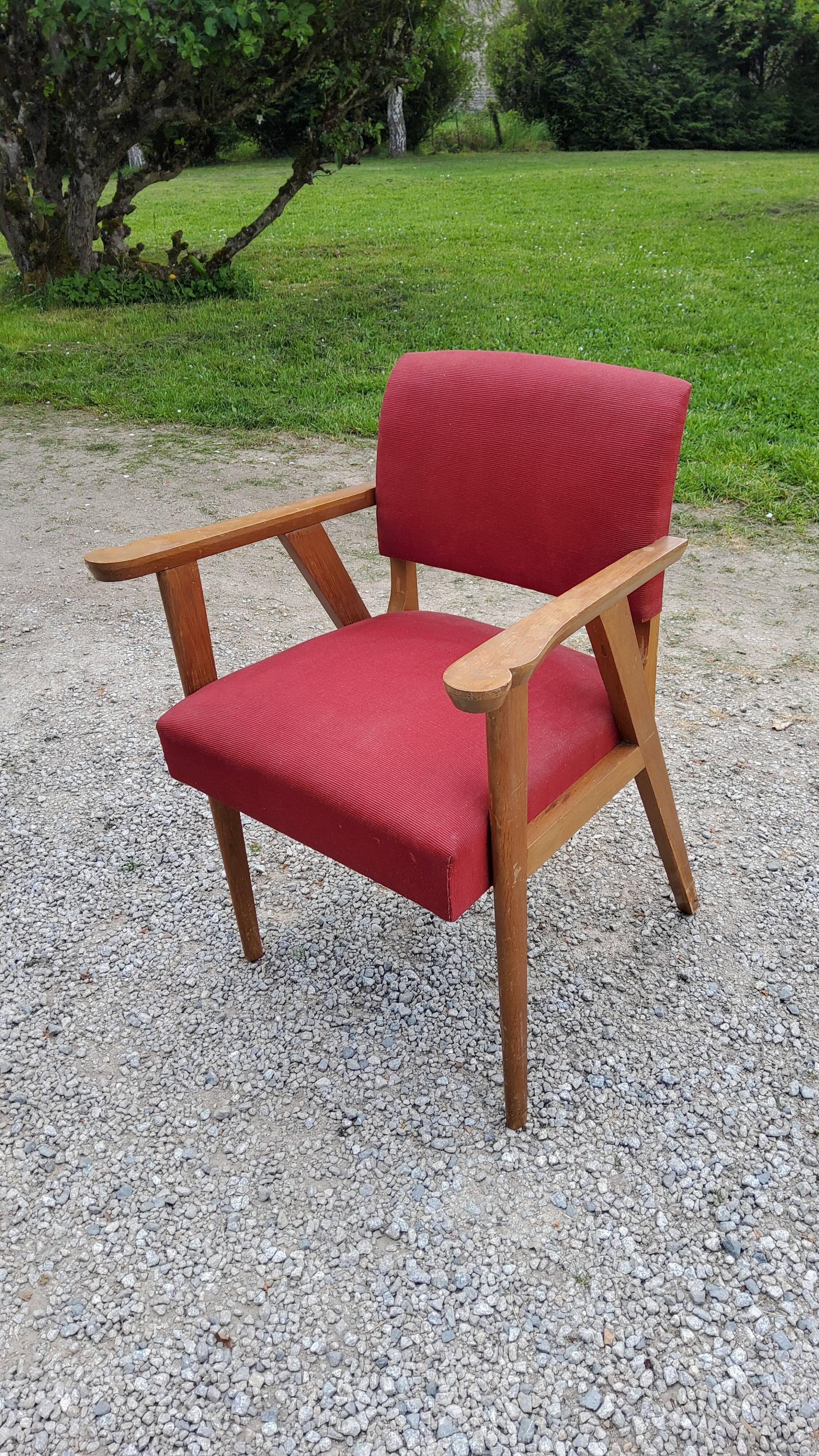 Armchair of the 50s in blond oak and red fabrics compass feet