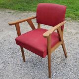 Armchair of the 50s in blond oak and red fabrics compass feet