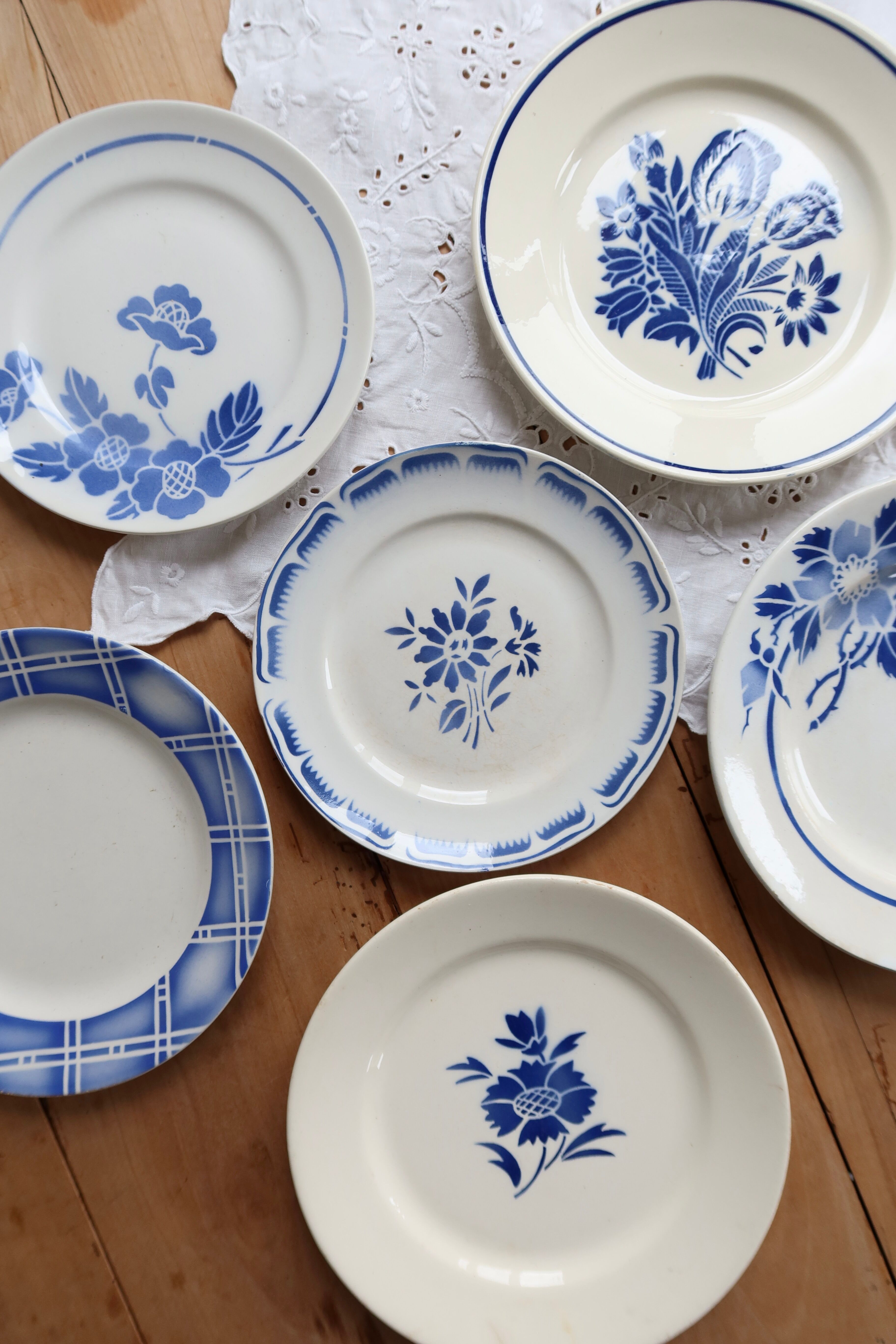 6 vintage mismatched blue and white earthenware dessert plates