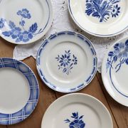6 vintage mismatched blue and white earthenware dessert plates