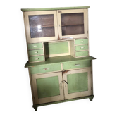Vintage wooden kitchen cupboard painted green and beige, with glass doors - 1930s
