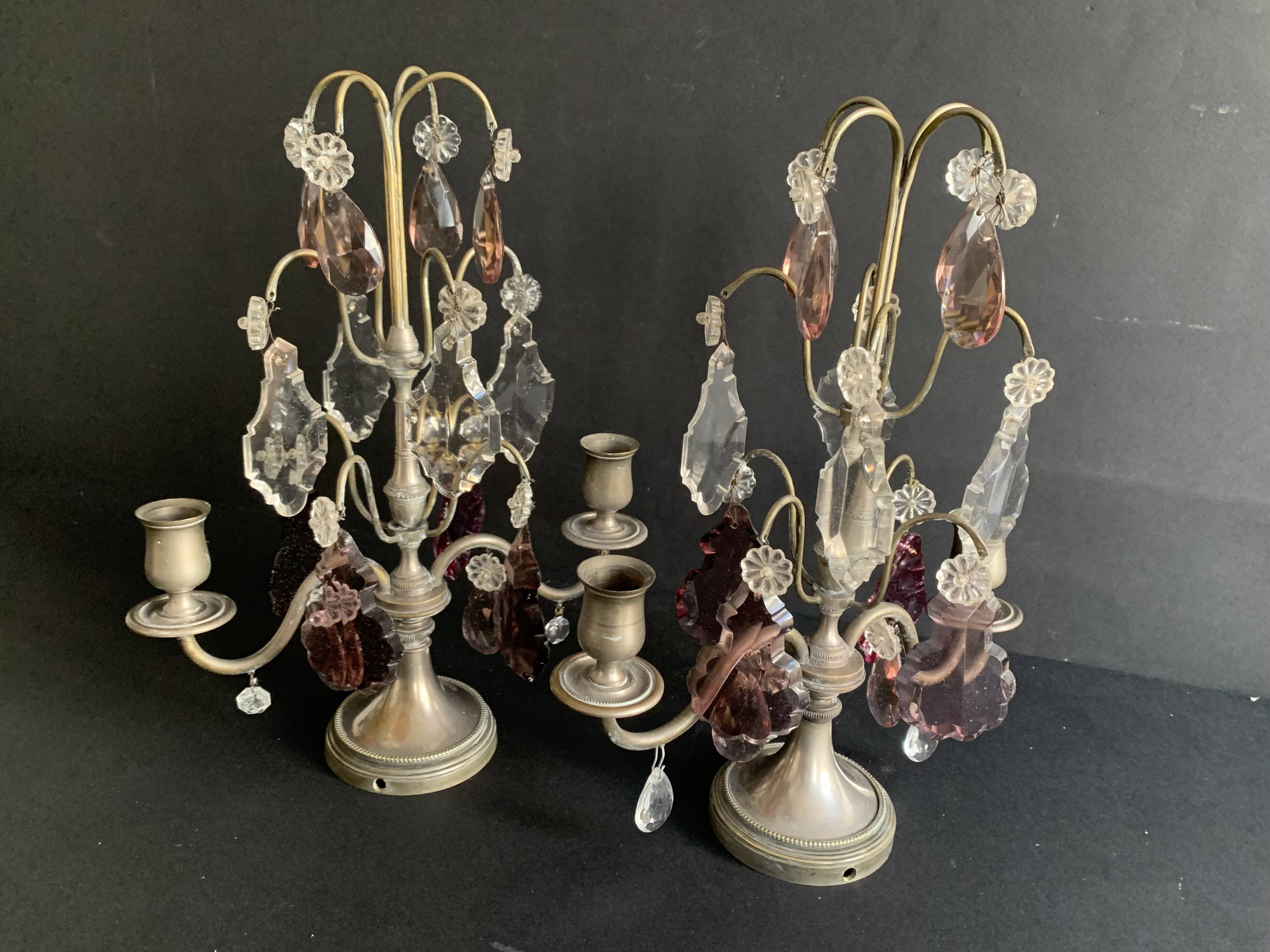 Pair of crystal tassel candelabras, 2-light candelabra, 1920,