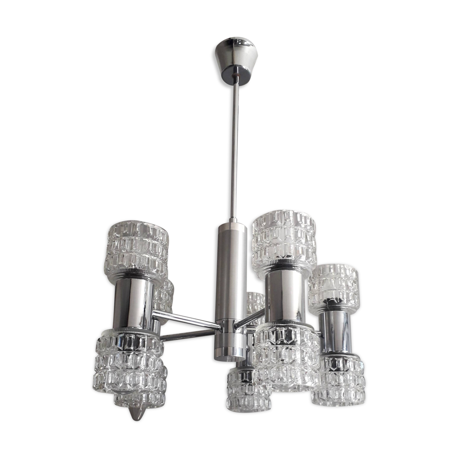 Vintage chandelier - 10 Lights - chrome metal and glass - 1970s