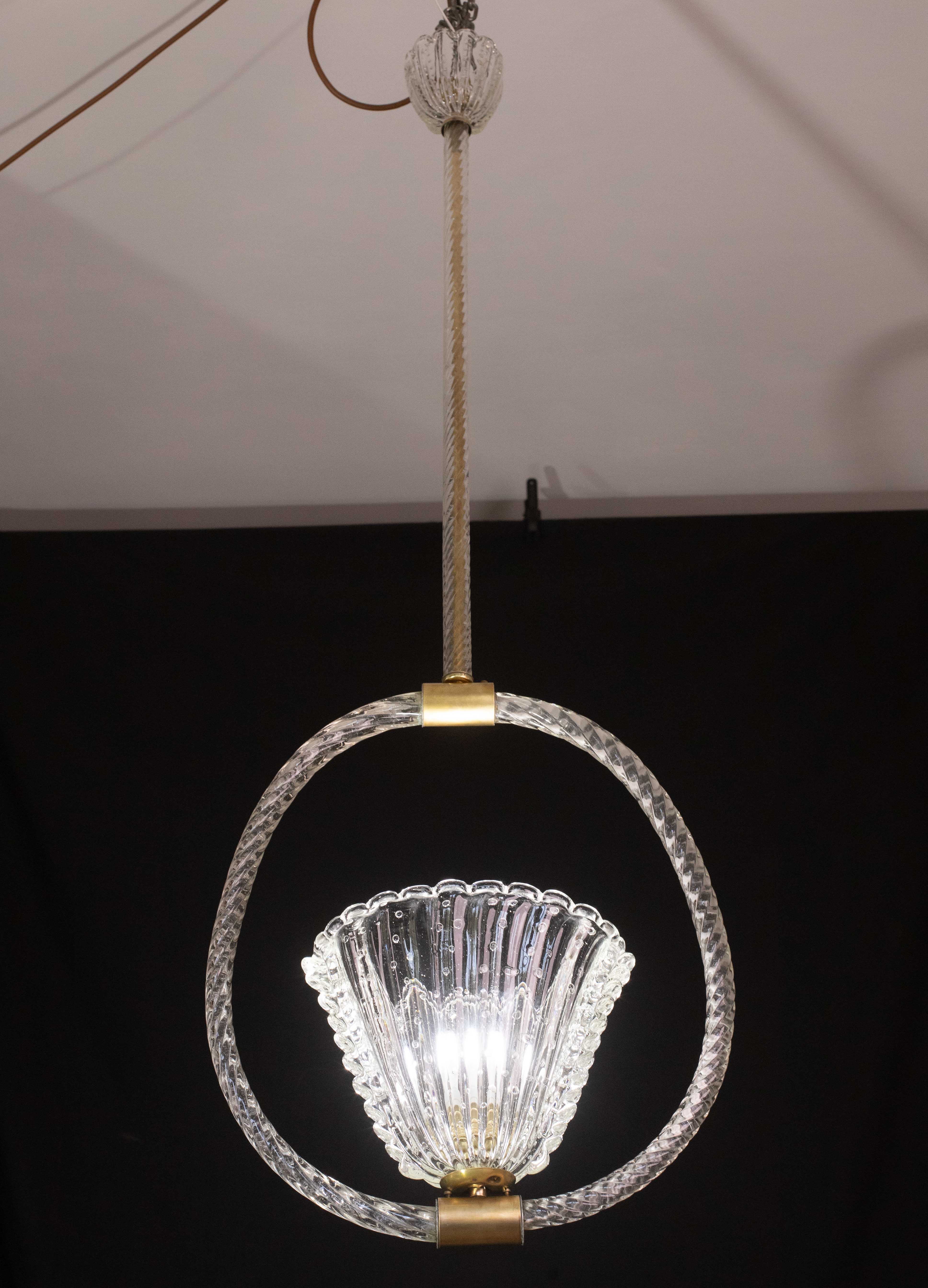 Ercole Barovier Art Deco Chandelier, "Bullicante" Glass Murano, 1940