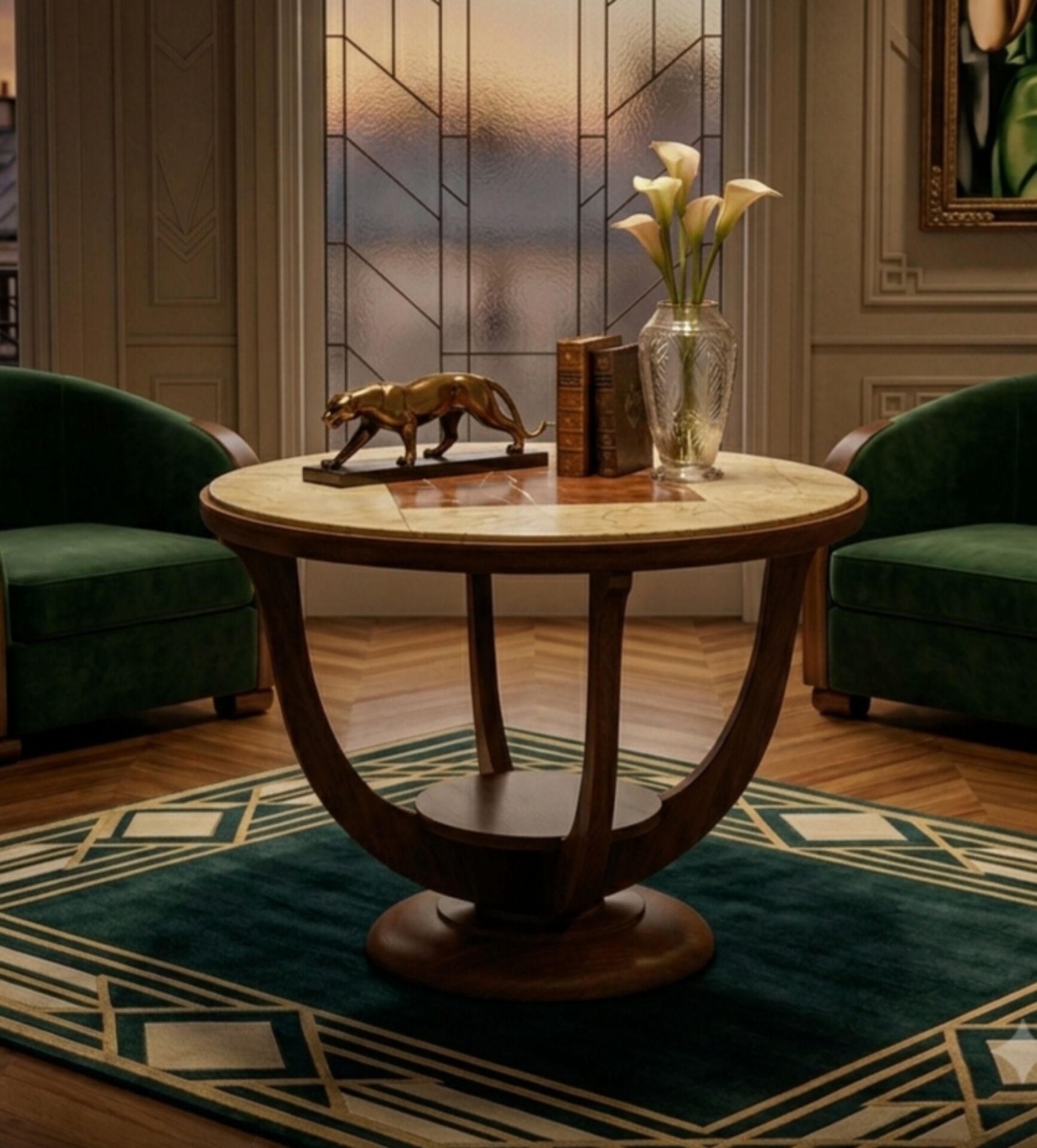 Guéridon, table d’appoint Art déco en marqueterie de marbre et bois