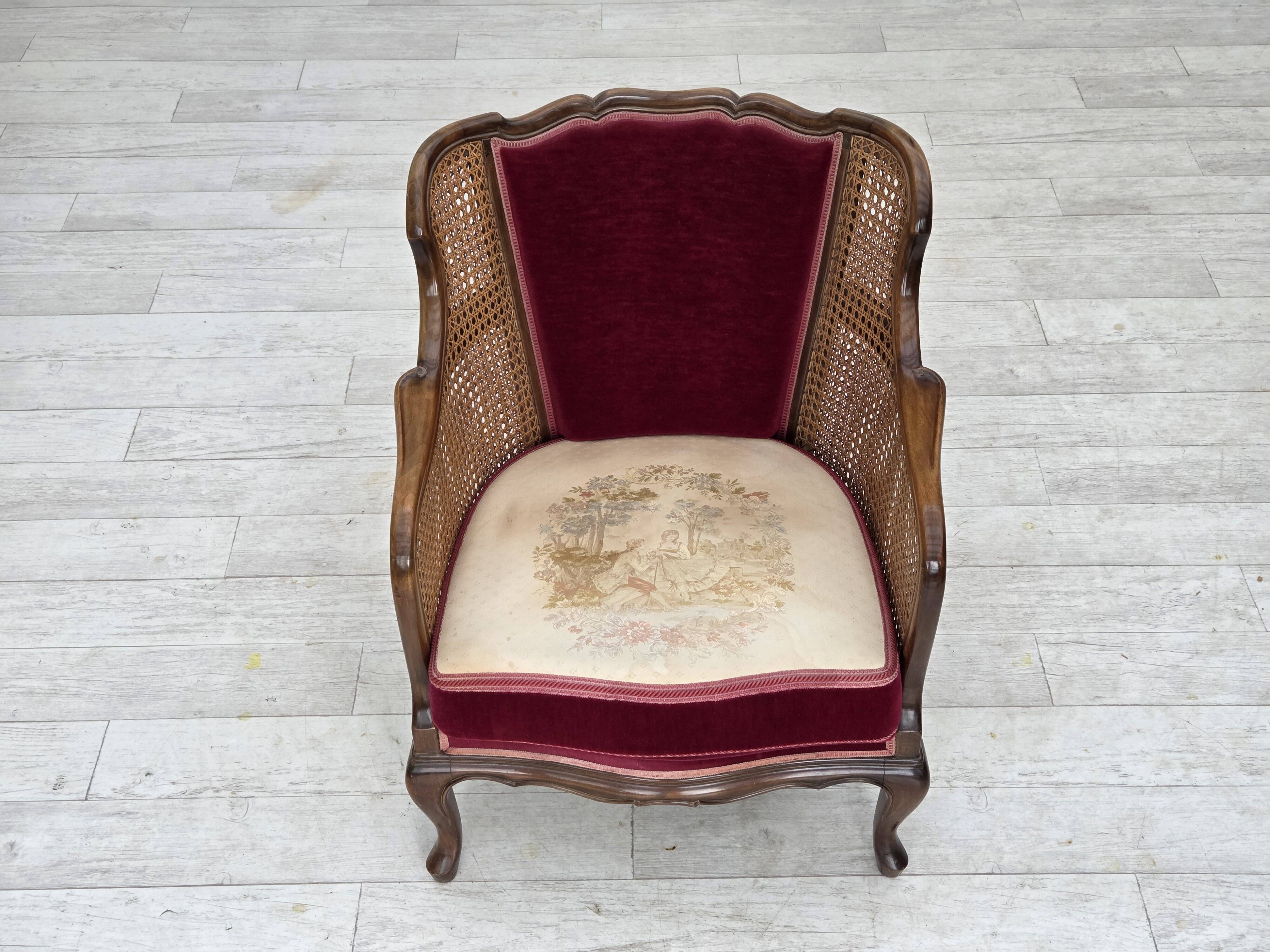 1950s, Danish armchair, furniture velour, ash wood,, mesh.