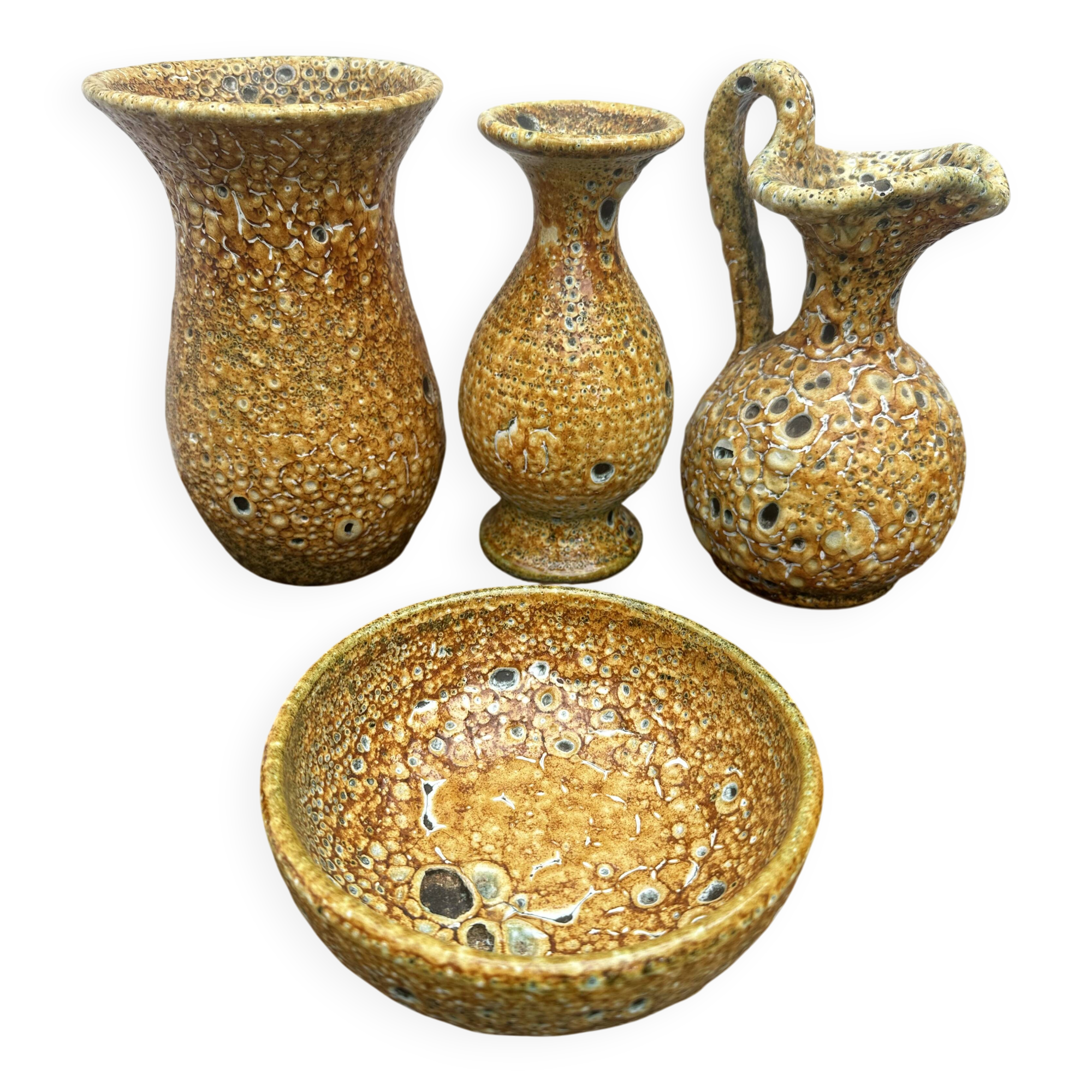 Set of 3 vases and 1 trinket tray, Honey / Fat Lava Vallauris, 1970s