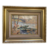 Tableau  : huile sur toile - paysage lacustre animé