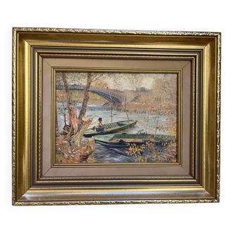 Tableau  : huile sur toile - paysage lacustre animé