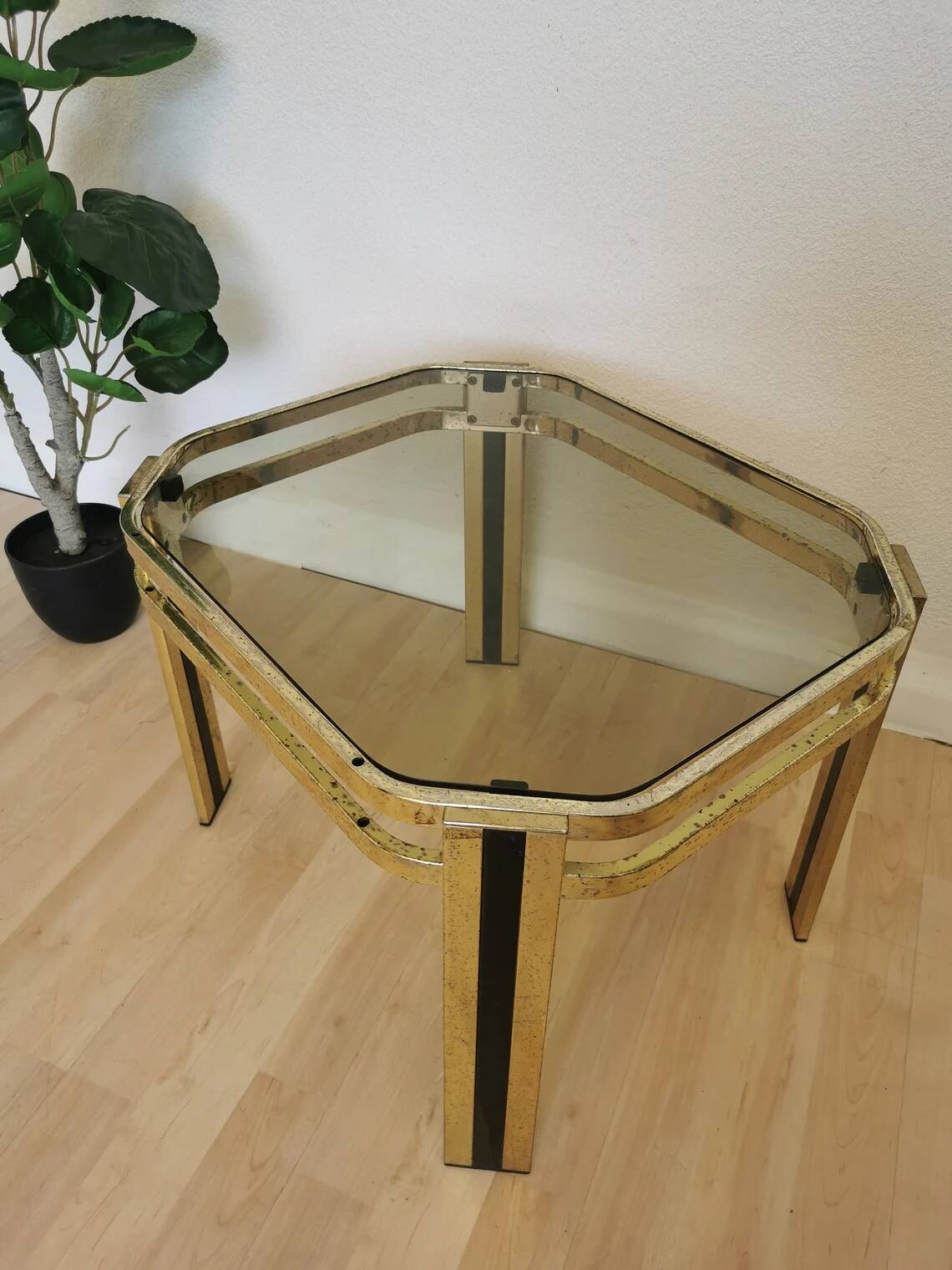 Vintage Brass & Smoked Glass Coffee Table: Mid-Century Italian End Table