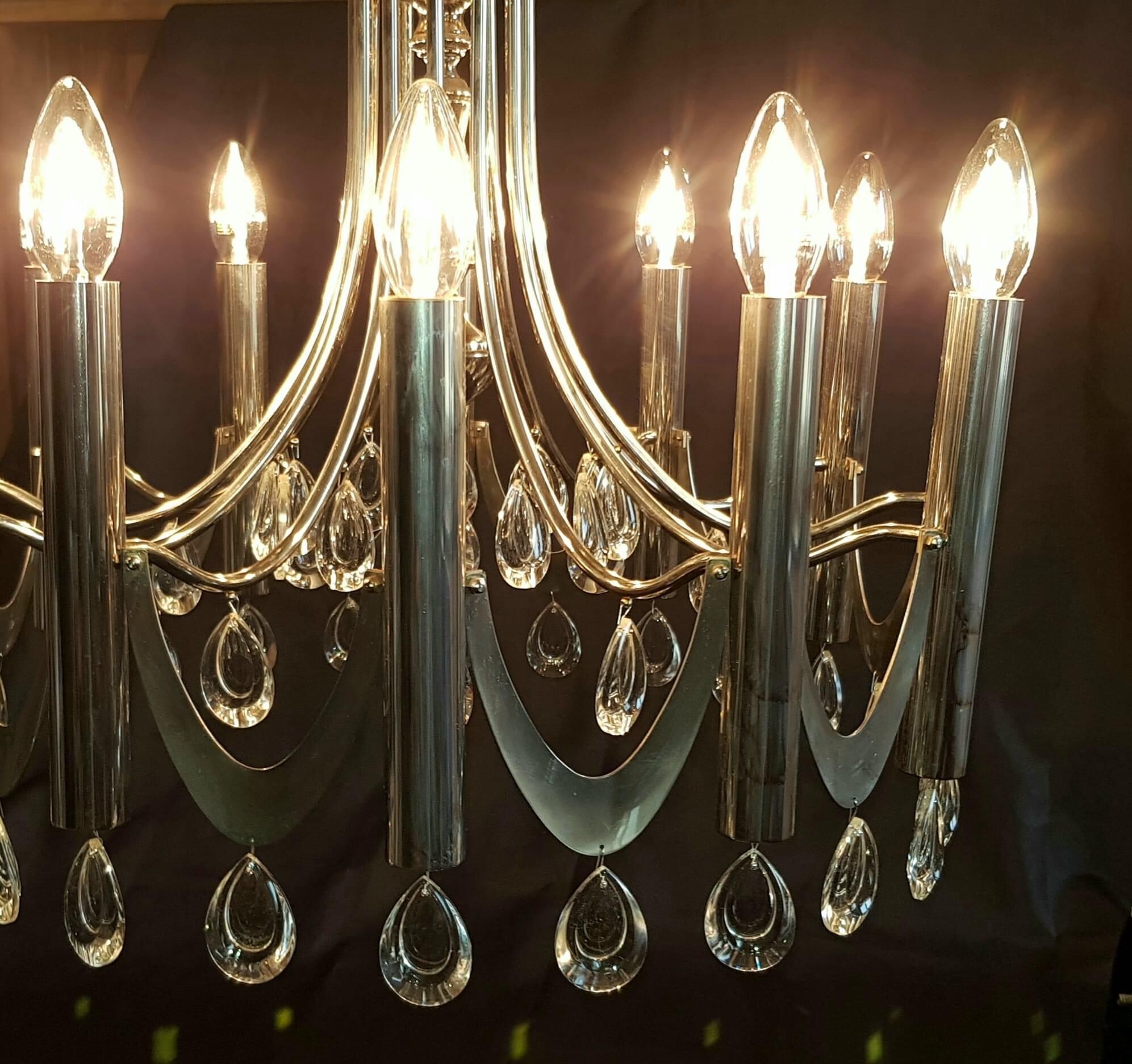 Magnificent rare large chandelier design chromed metal, stainless steel, tassels crystal pop age