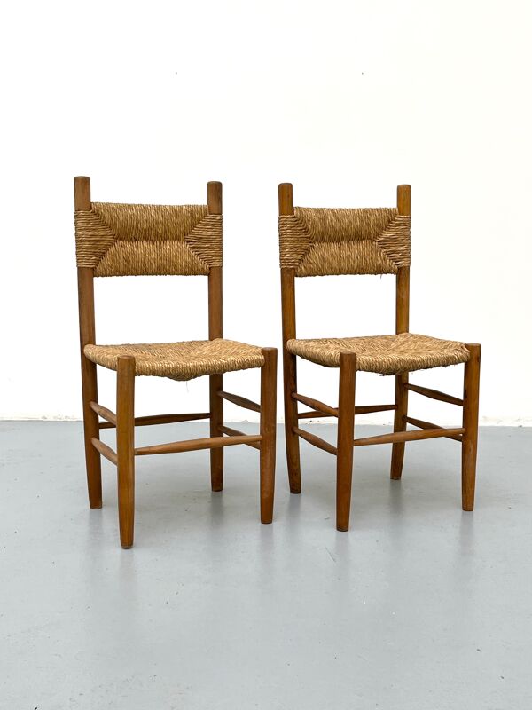Paire de chaises en bois avec assise et dos paillé