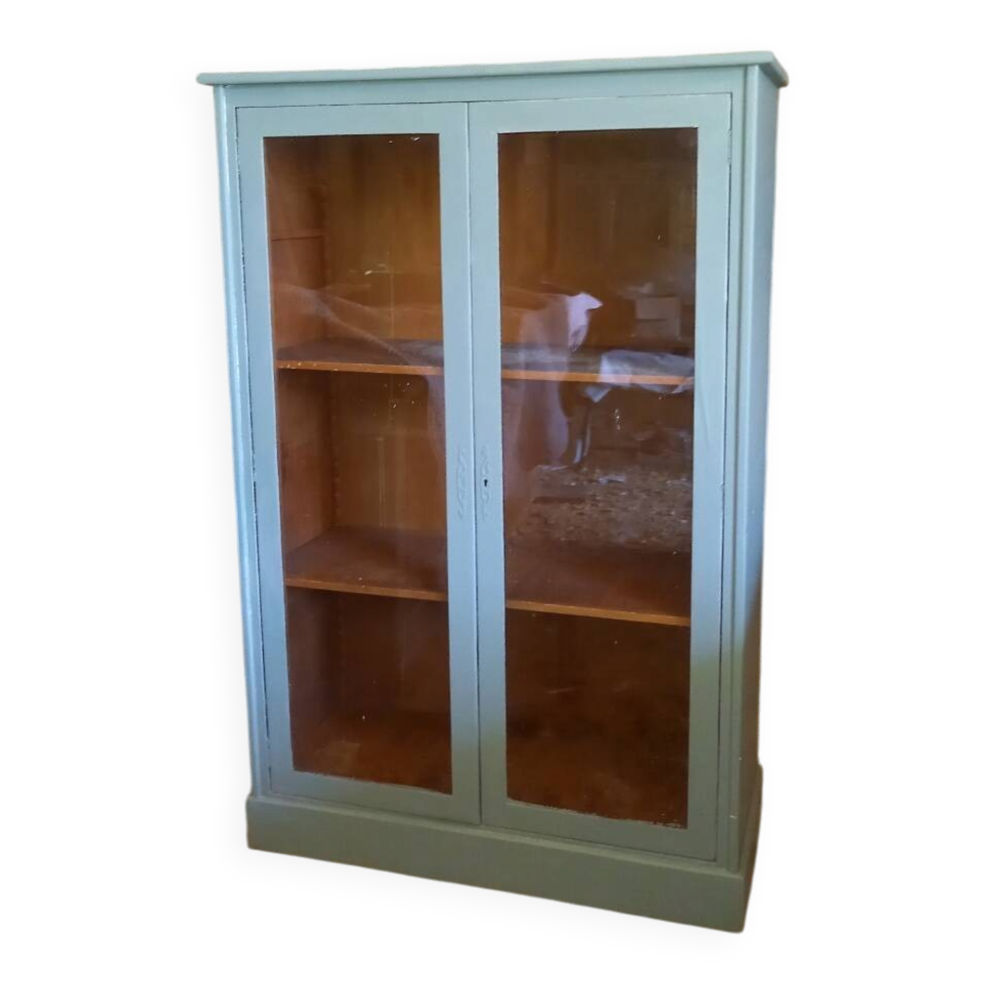 Green patina wooden display cabinet