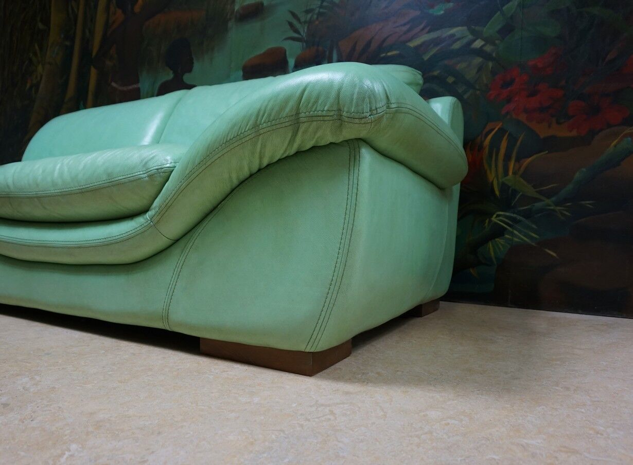 Vintage mint green leather sofa, 3-seater, 1970s
