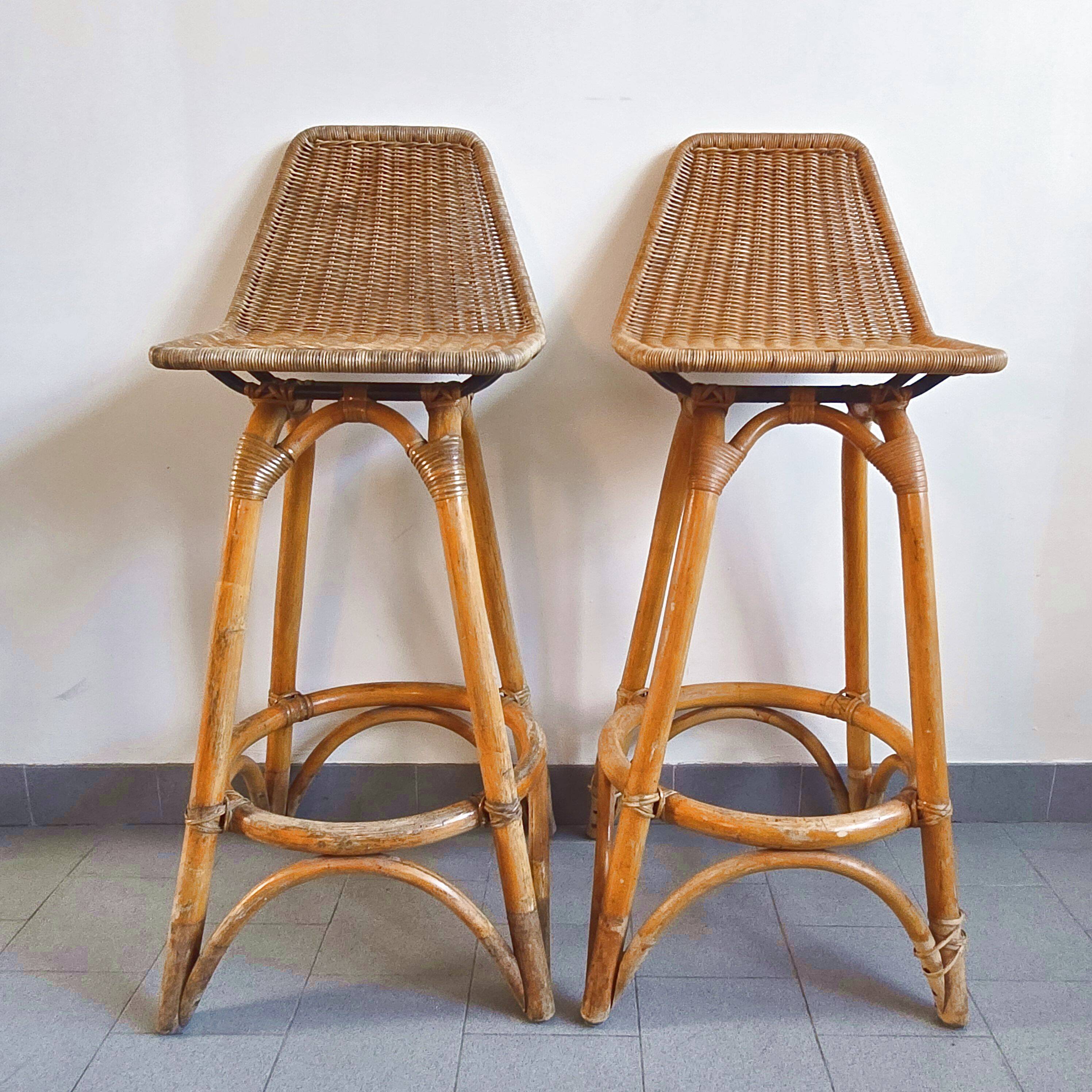 Pair of vintage rattan & bamboo stools 1950