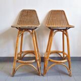 Pair of vintage rattan & bamboo stools 1950