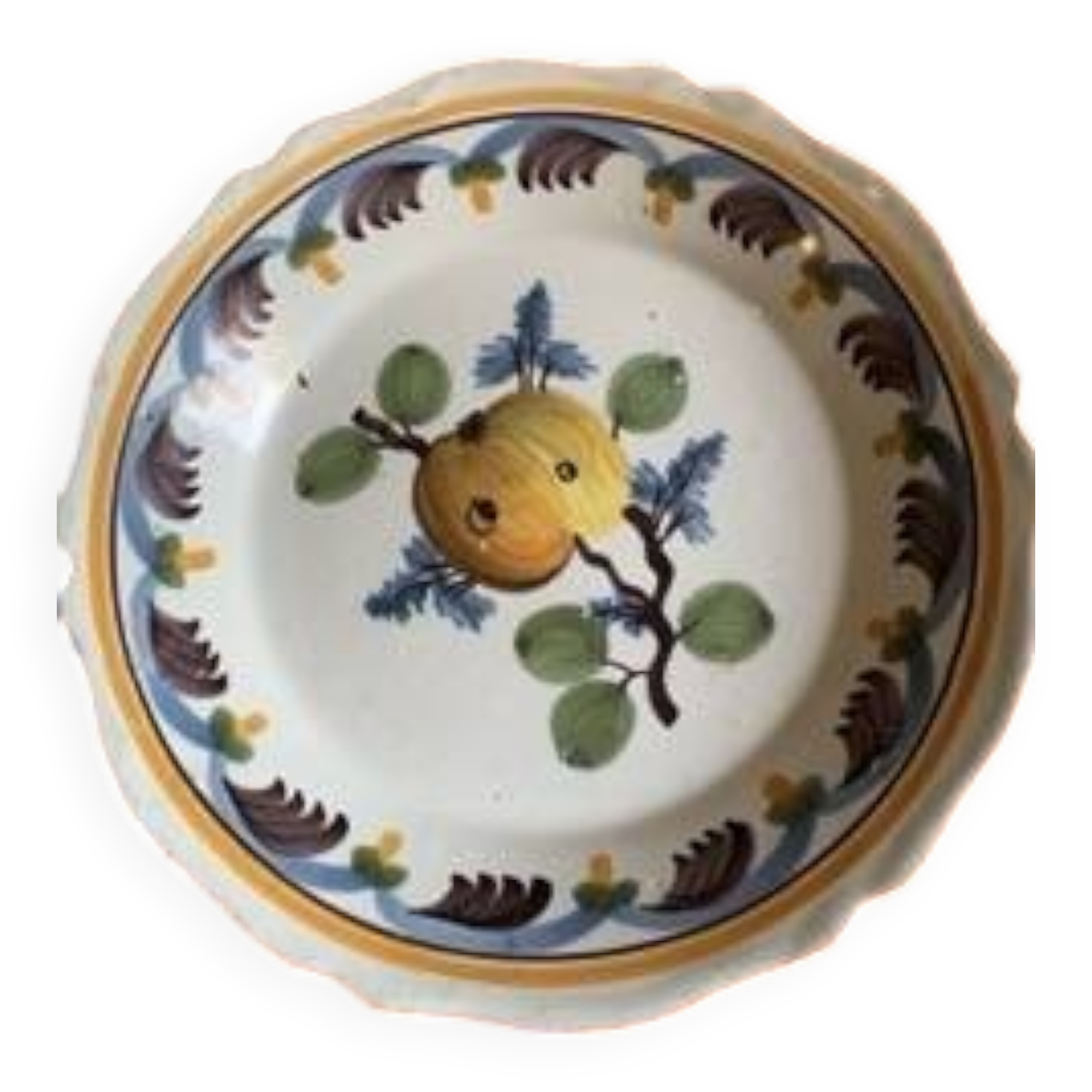 Antique earthenware soup plate with plum decoration