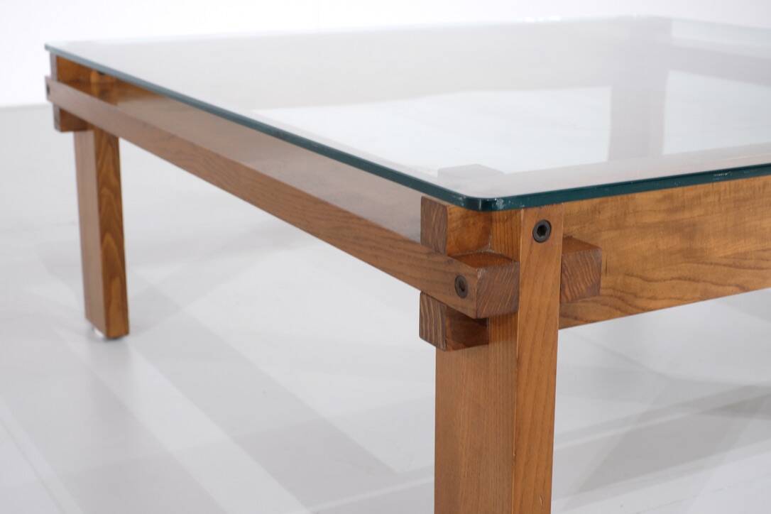 Square oak coffee table, Italy - 1970s