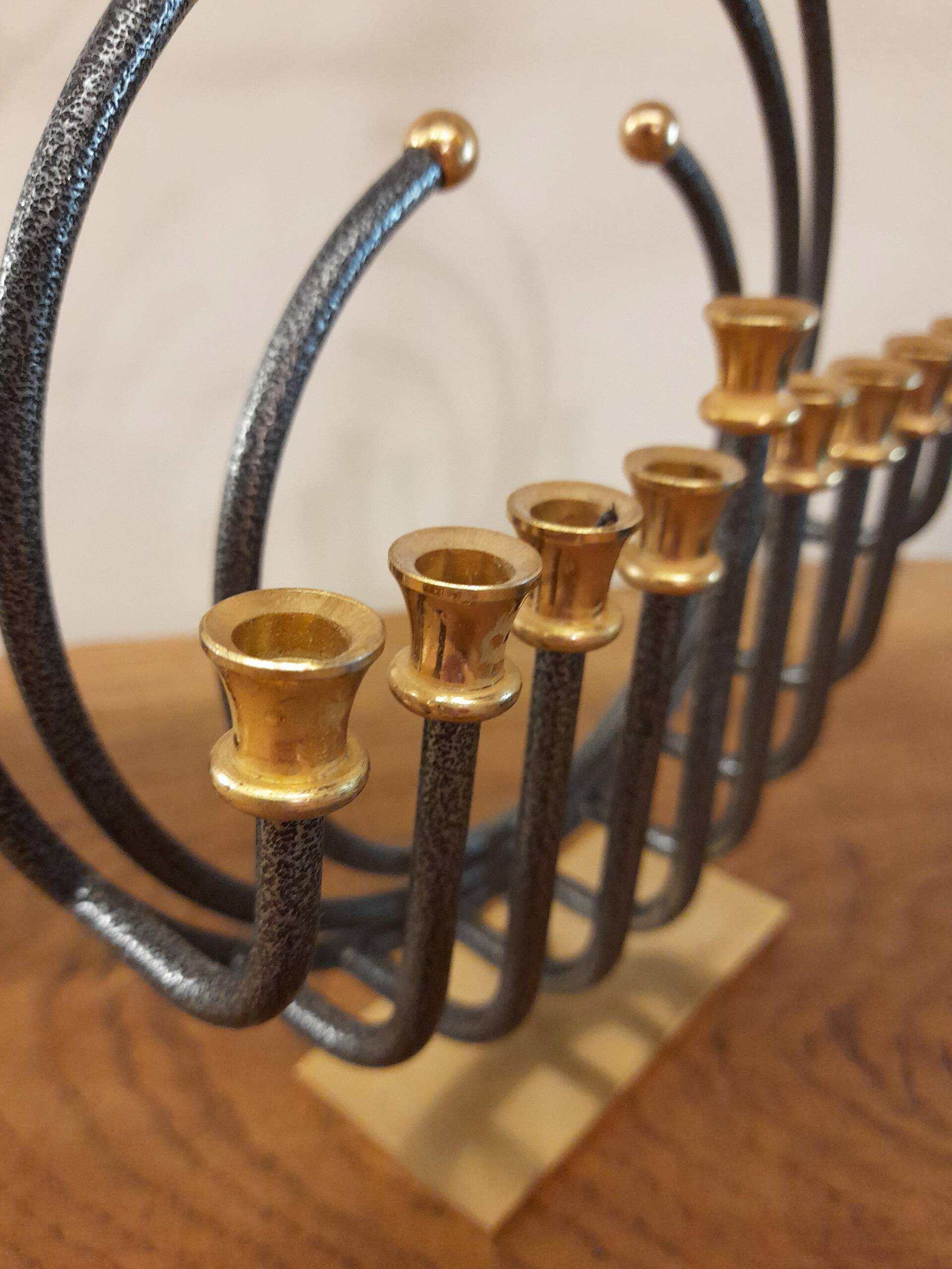 Menorah Hanoukia gold and silver plated, made in Israel by Karshi, 1970