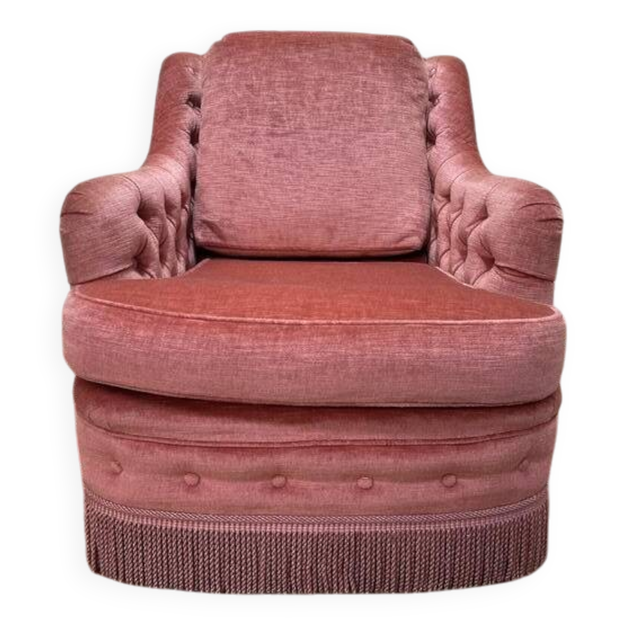 Fauteuil style crapaud en velours rose capitonné