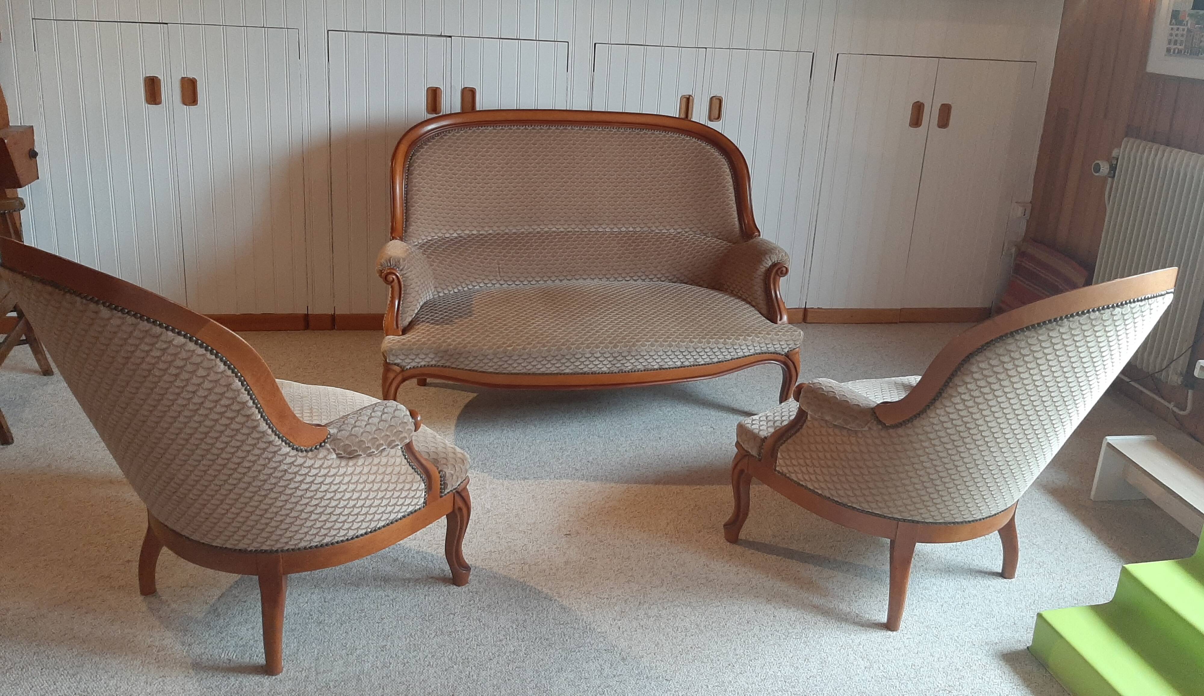 2-seater Louis XV style sofa - arched legs - Art Deco patterned velvet fabric - Beige