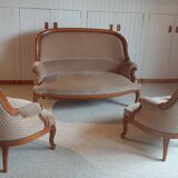 2-seater Louis XV style sofa - arched legs - Art Deco patterned velvet fabric - Beige