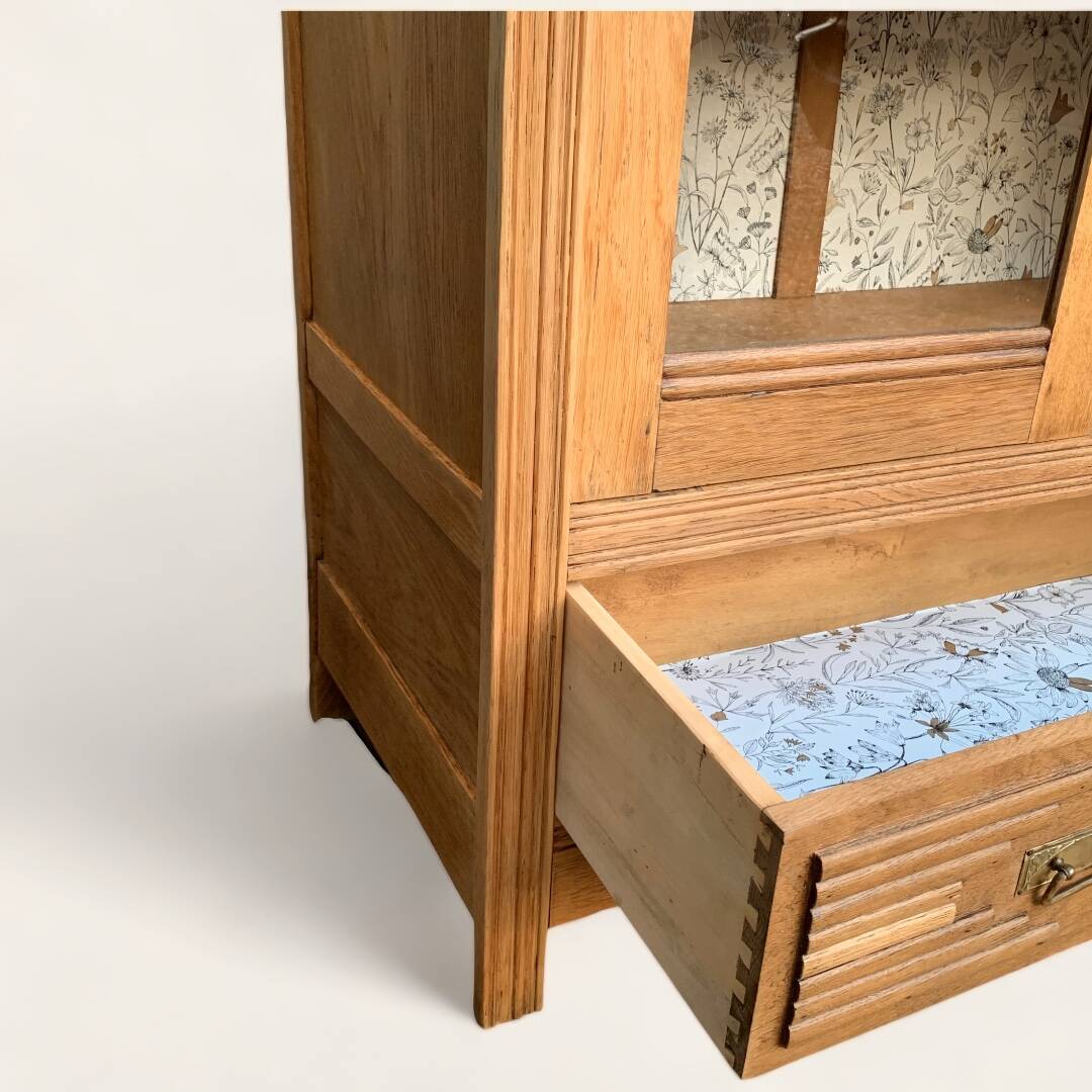 Parisian art deco glass cabinet in raw wood
