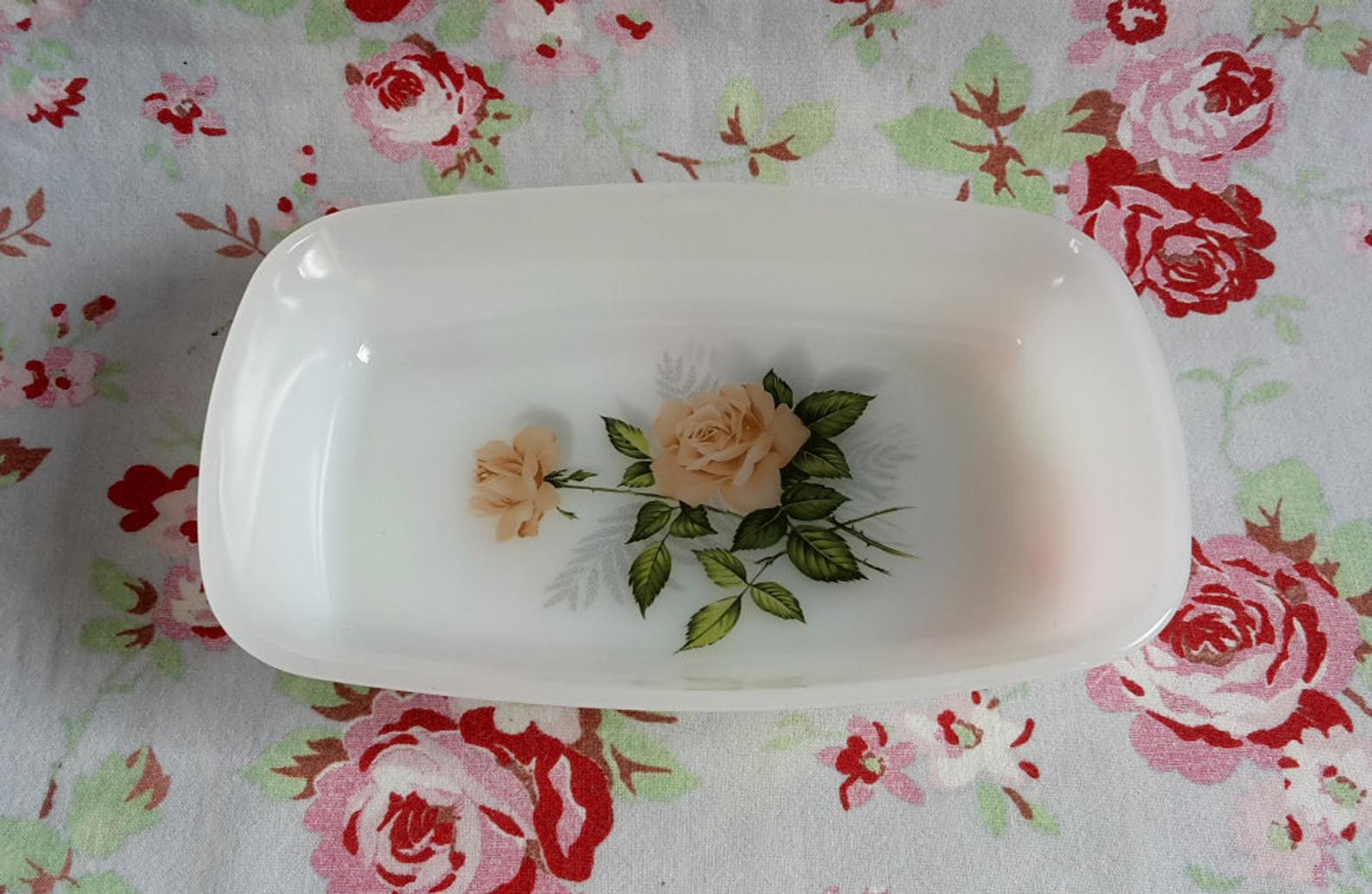 Arcopal antique pickle dish with pink motif in white glass