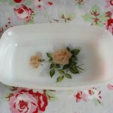 Ravier ancien Arcopal motif rose verre blanc