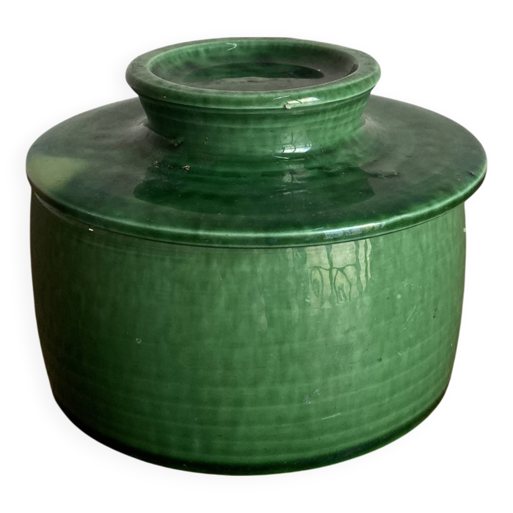 Foucart Jourdan Green glazed earthenware butter dish with water reservoir, 1960